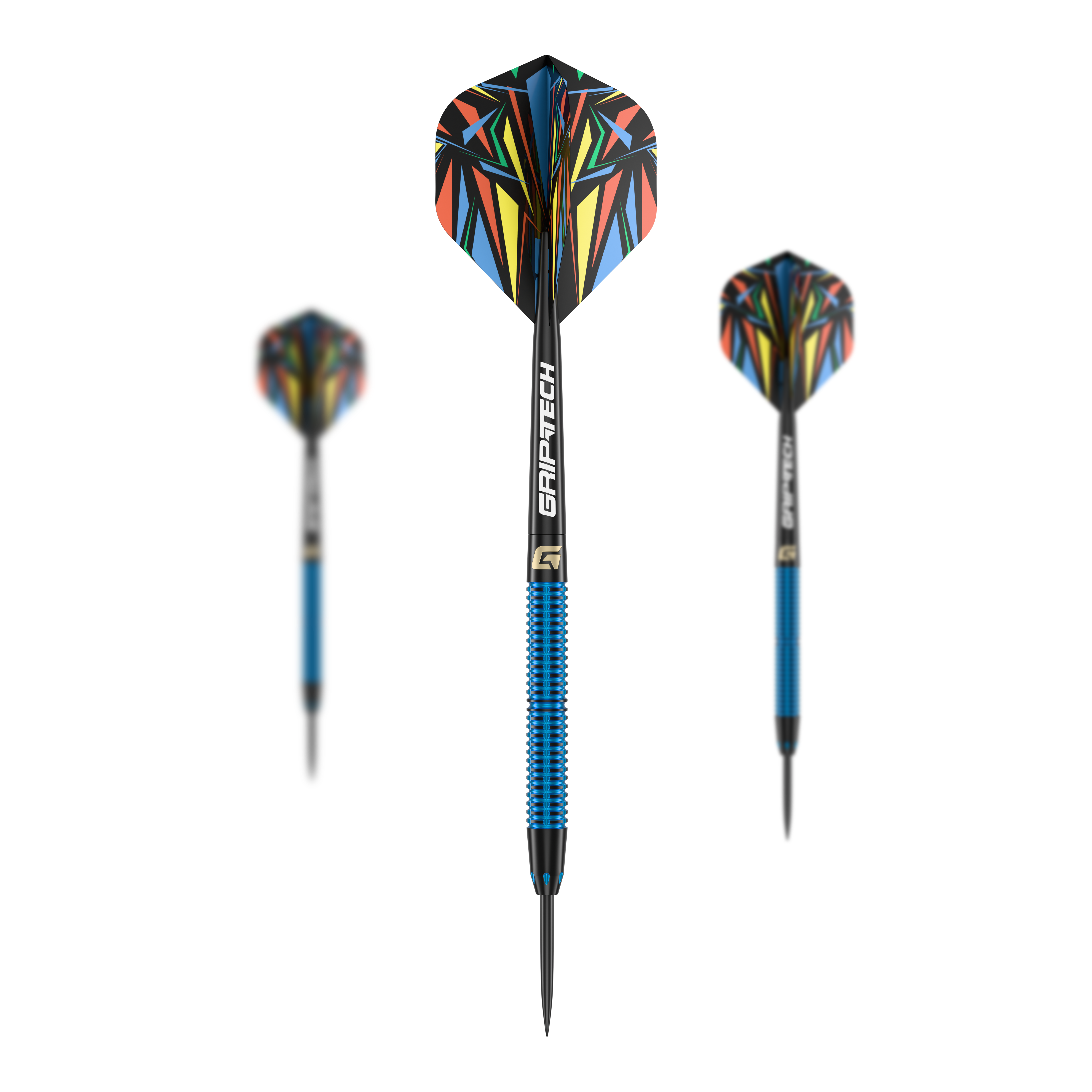 Freccette in acciaio GOAT Athlete Blue Brass - 12 g Das Bild zeigt drei Steeldarts des Produkts "GOAT Athlete Blue Brass Steeldarts - 12g". Die Darts haben blaue Griffe und bunte Flights mit einem auffälligen Muster.