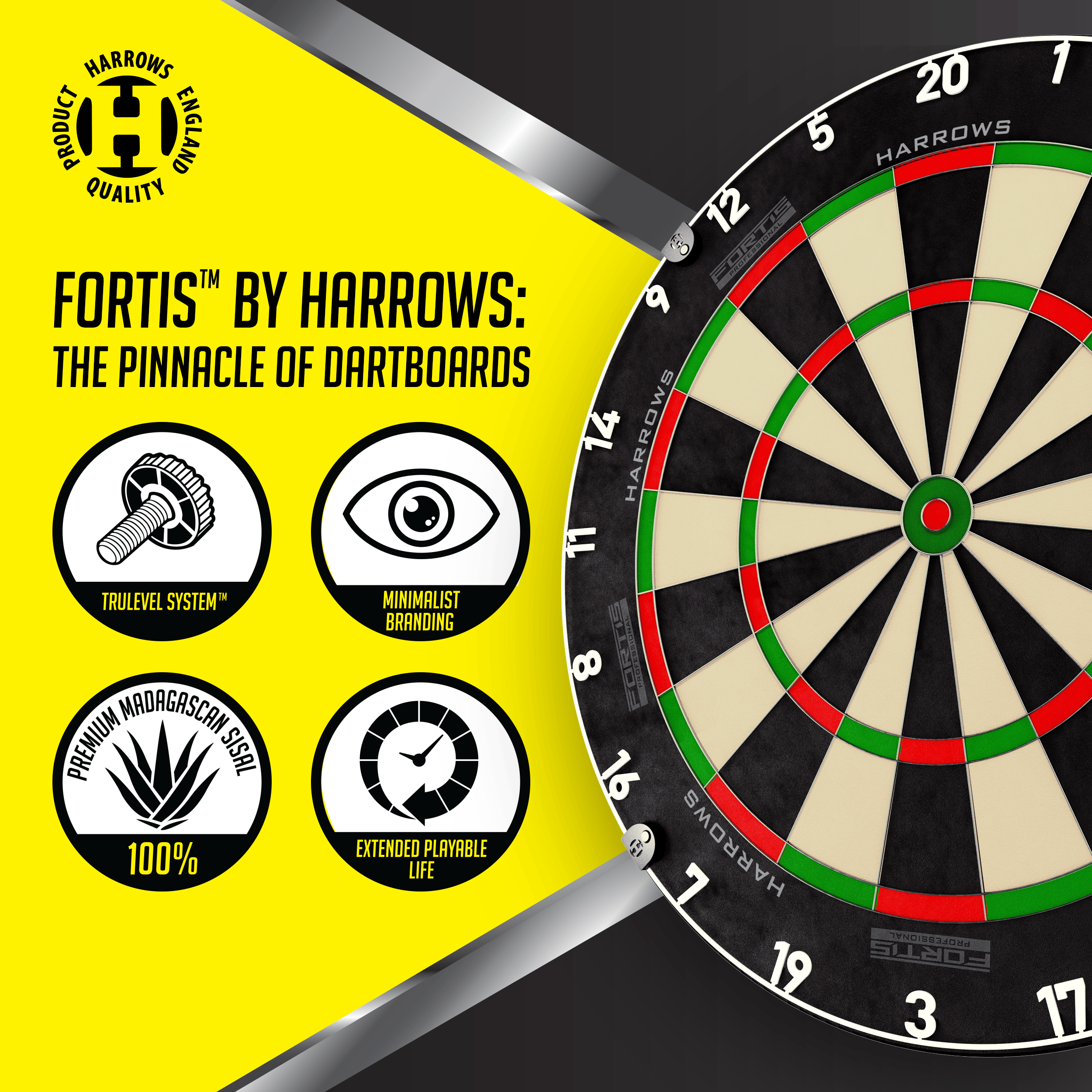 Bersaglio per freccette in acciaio Harrows Fortis Das Foto zeigt ein Harrows Fortis Steeldartboard. Es ist für professionelle Dartspieler geeignet.
