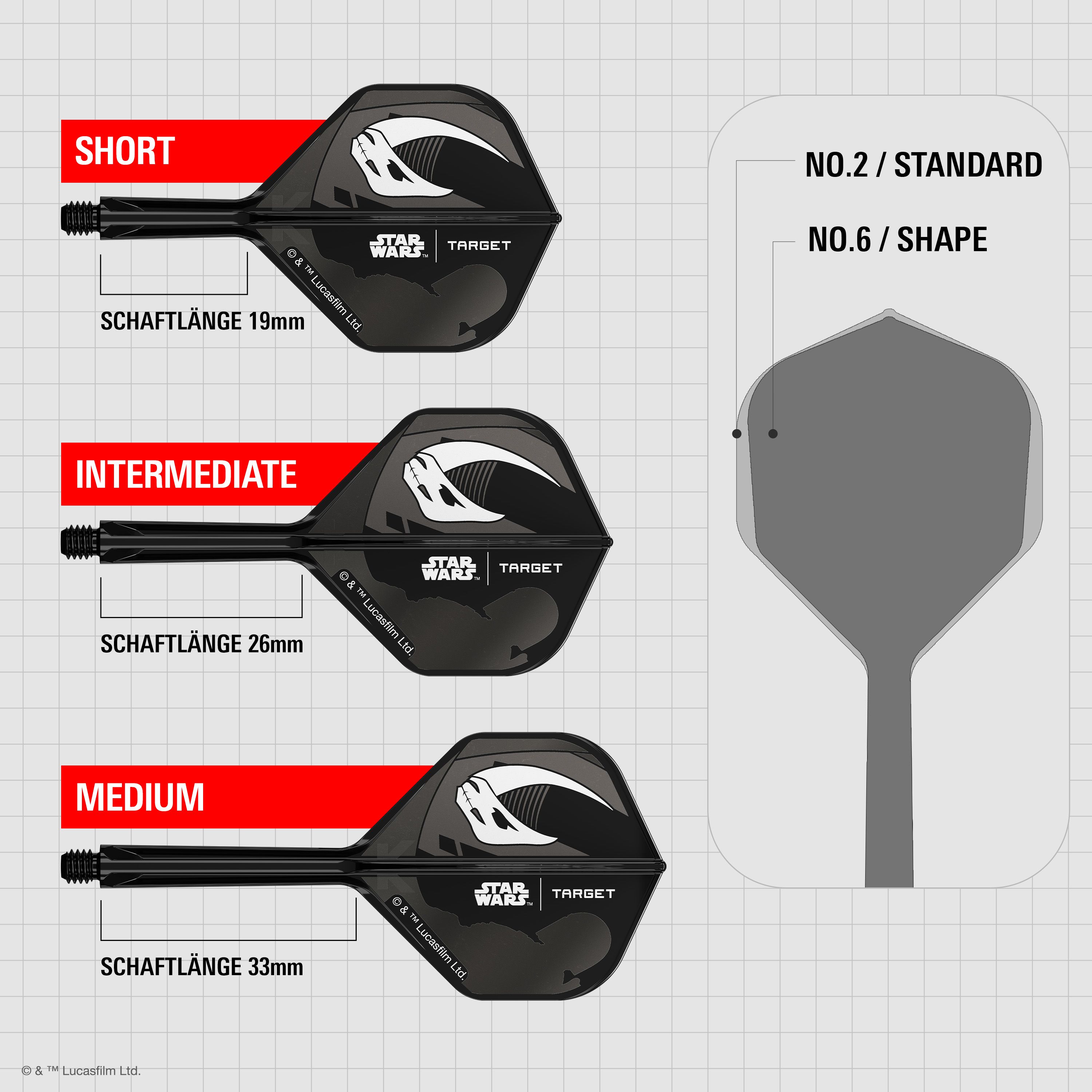 Set Target Star Wars K-Flex Mandalorian No6 Flights Das Bild zeigt das Target Star Wars K-Flex-Set Mandalorian No2 Standard Flights. Es handelt sich um zwei Dart Flights mit Mandalorian-Motiv aus Star Wars.
