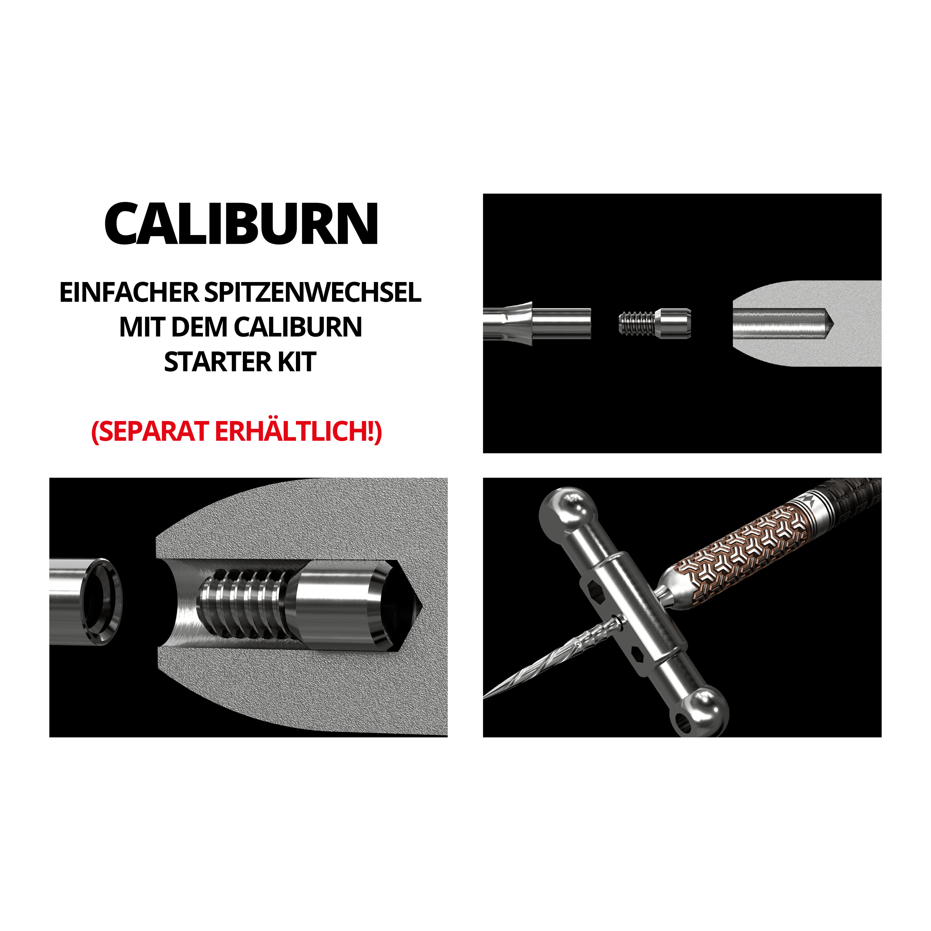 Punte Caliburn System Steeldart - Ripple - NoLip - Nere Das Bild zeigt verschiedene technische Zeichnungen und Werkzeuge für das Mission Caliburn EVO System mit Steeldartspitzen. In roter Schrift steht "SEPARAT ERHÄLTLICH!" auf dem Bild.