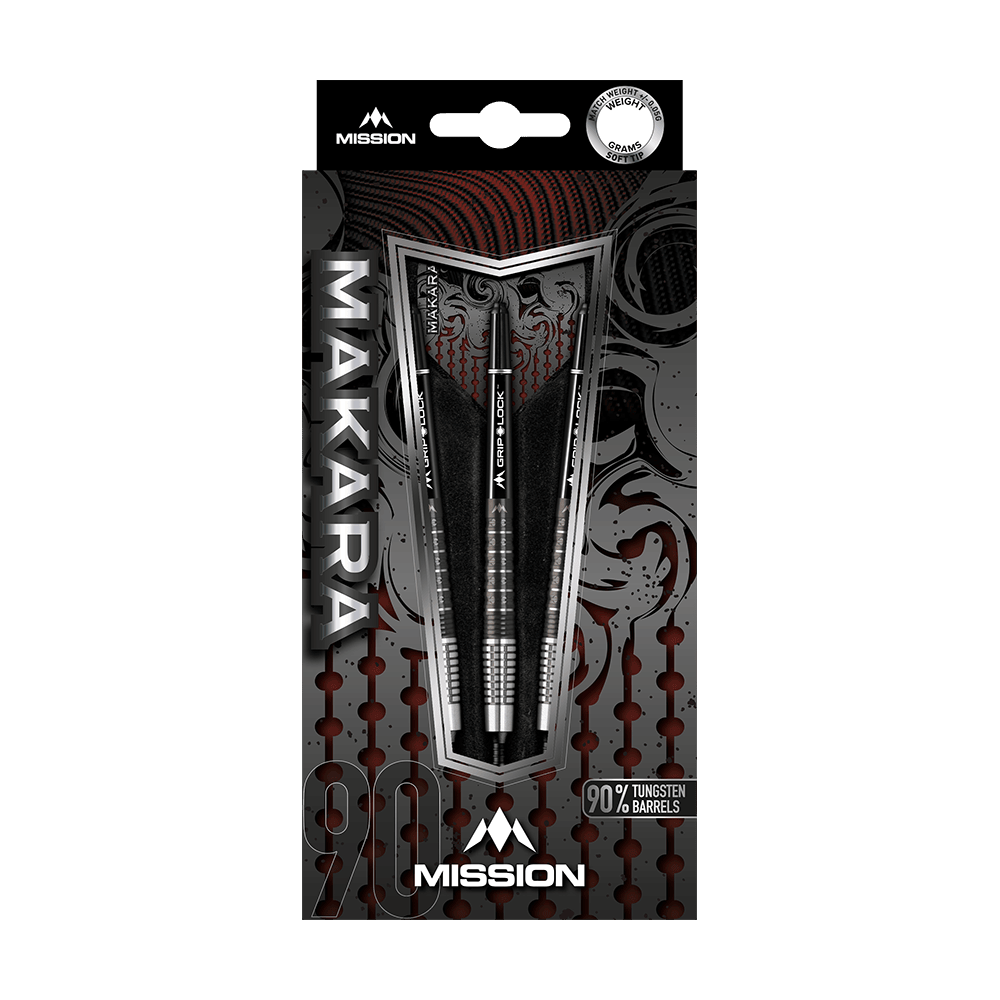 Freccette morbide Mission Makara M2 - 20 g Das Bild zeigt die Verpackung der Mission Makara M2 Softdarts mit einem Gewicht von 20g. Die Darts bestehen zu 90 % aus Tungsten und sind ansprechend gestaltet.