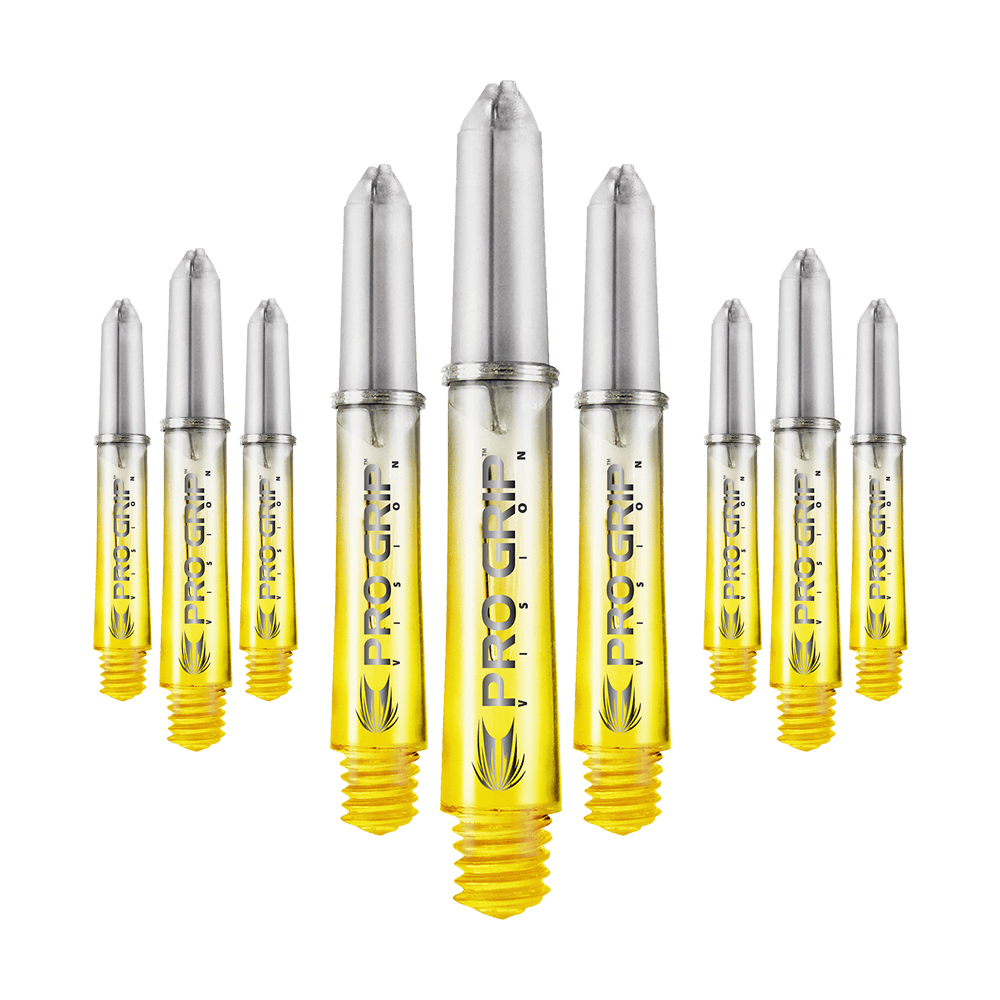 Aste Target Pro Grip Vision - 3 set - Giallo Das Bild zeigt neun gelbe Dartschäfte mit silberfarbenen Spitzen, auf denen "PRO GRIP VISION" steht. Sie sind in einer leicht gebogenen Reihe angeordnet.