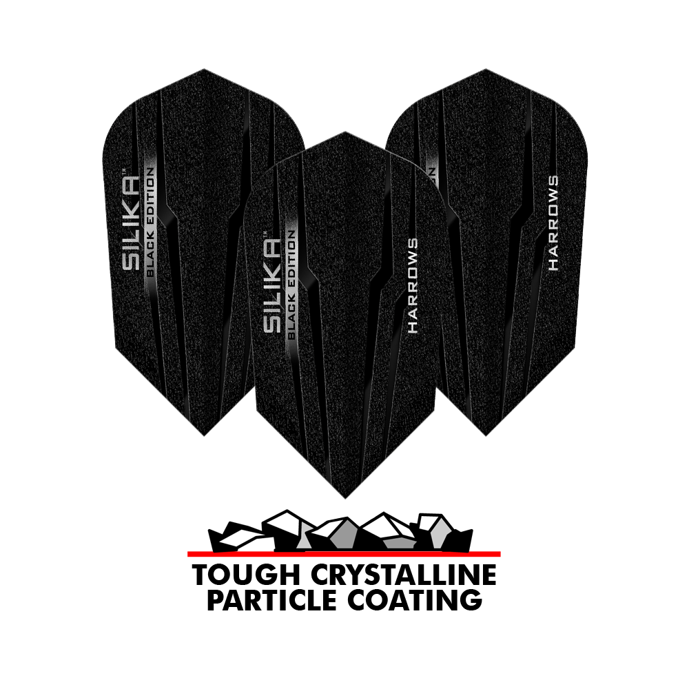 Alette sottili Harrows Silika Black Edition Auf dem Bild sind die Harrows Silika Black-Edition Slim Flights zu sehen. Unten steht der Text „TOUGH CRYSTALLINE PARTICLE COATING“ mit einer Grafik von Kristallen darüber.