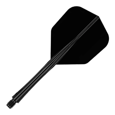 Sistema di albero di volo Caliburn SUP Lite No6 Das Bild zeigt einen schwarzen Dart-Schaft mit Flight. Der Dart-Schaft ist mittellang und komplett in schwarz gehalten.