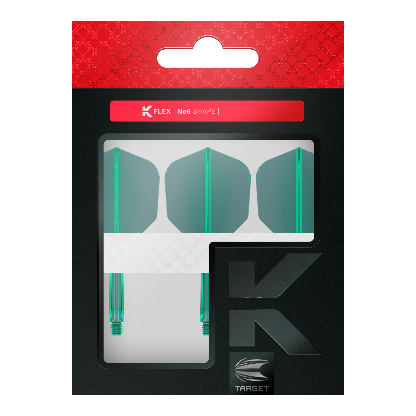 Sistema di volo Target K-Flex No6 - Verde Das Bild zeigt eine Verpackung mit drei grünen Dartflügen und Schäften der Marke Target. Die Packung trägt die Aufschrift "K FLEX | No6 SHAPE".