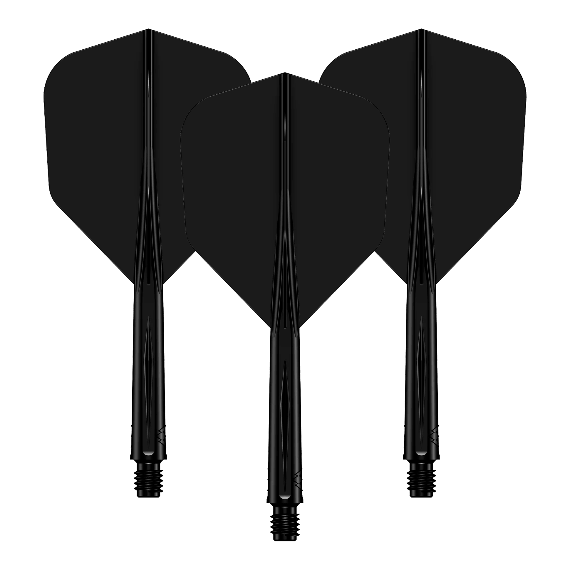 Sistema di alberi di volo Mission Force 90 No6 - Nero Das Bild zeigt drei schwarze Dart-Flights mit daran befestigten Schäften. Sie sind nebeneinander angeordnet und haben ein schlichtes, einfarbiges Design.