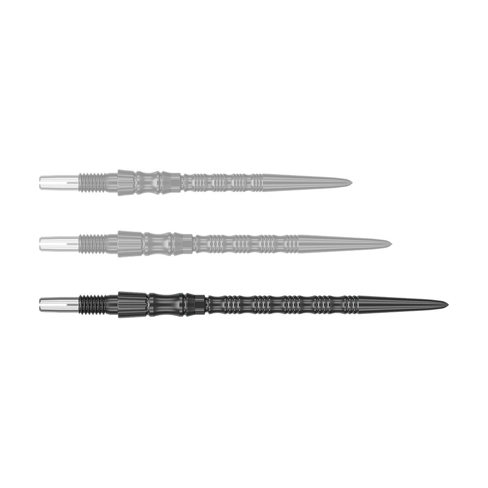 Ein schwarzer Dartspitzenaufsatz ist abgebildet. Die Dartspitze ist 42 mm lang und gehört zur SwissPoint Signature TRB Serie.