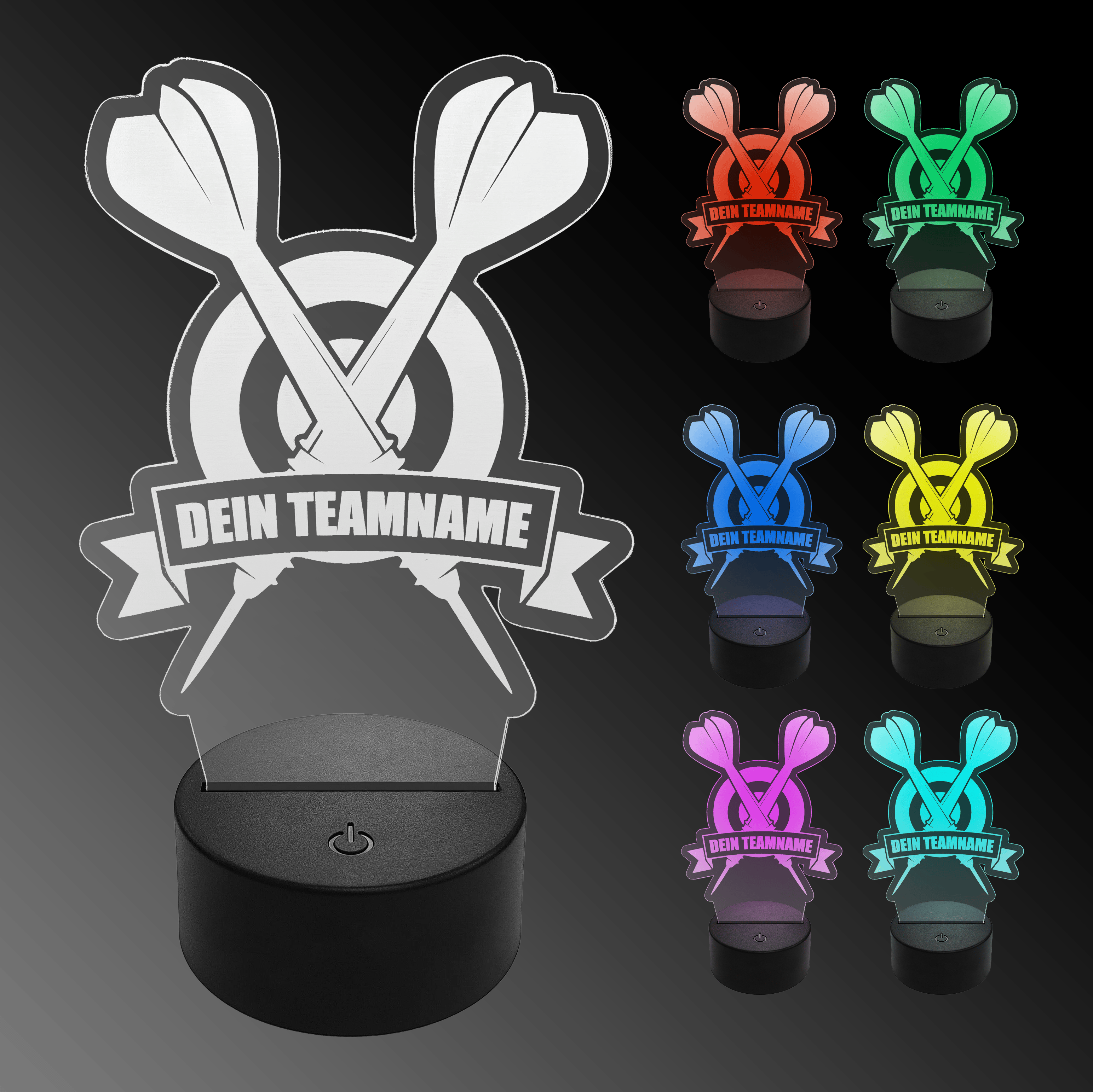 Lampada a freccia a LED in plexiglass con testo personalizzato Das Bild zeigt eine LED-Lampe in Form von zwei gekreuzten Dartpfeilen mit der Aufschrift "Dein Teamname". Rechts daneben sind die Lampe in sechs verschiedenen Farben (Rot, Grün, Blau, Gelb, Pink und Türkis) abgebildet.