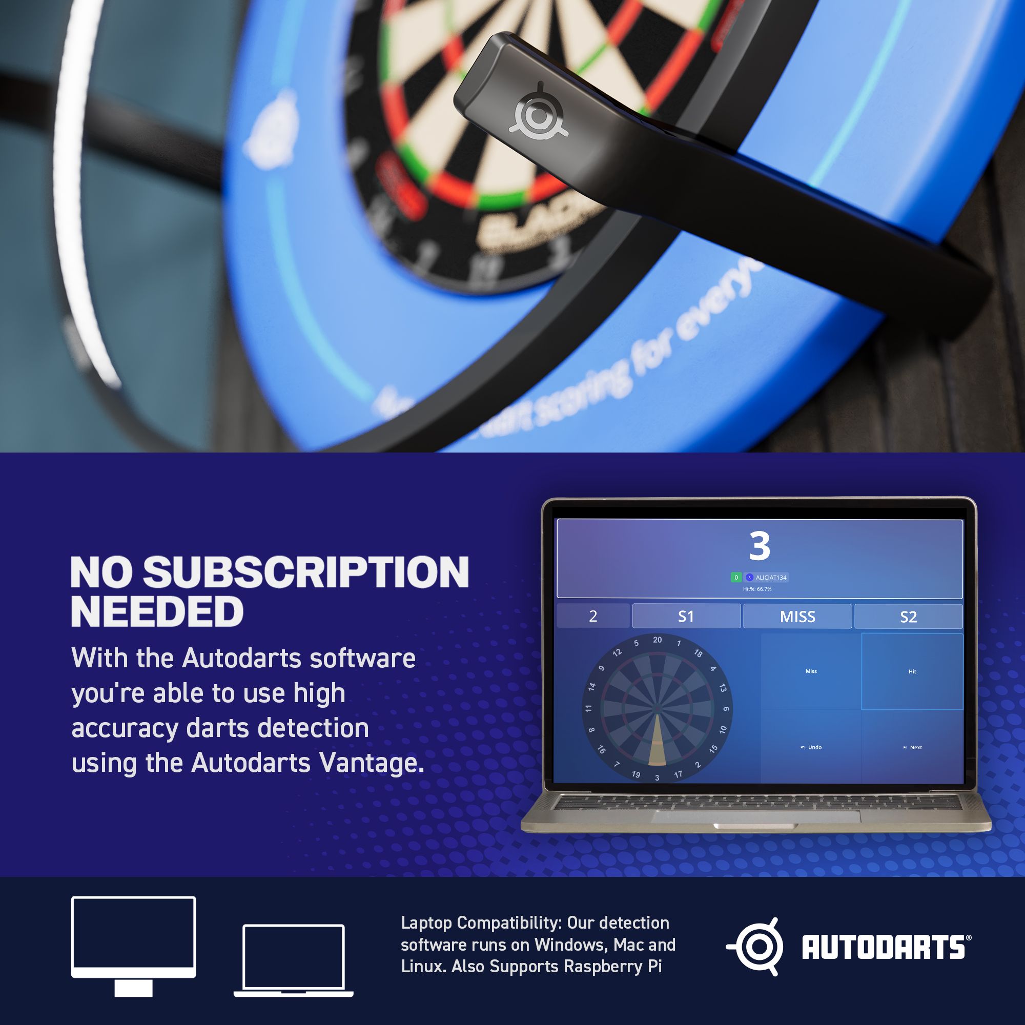 Sistema di punteggio automatico Autodarts Vantage Dieses Bild zeigt das Produkt mit dem Dateinamen 838001_Autodarts_Vantage_Auto-Scoring-System_9. Es handelt sich wahrscheinlich um ein Dart-Zubehör oder ein Autodarts-System.
