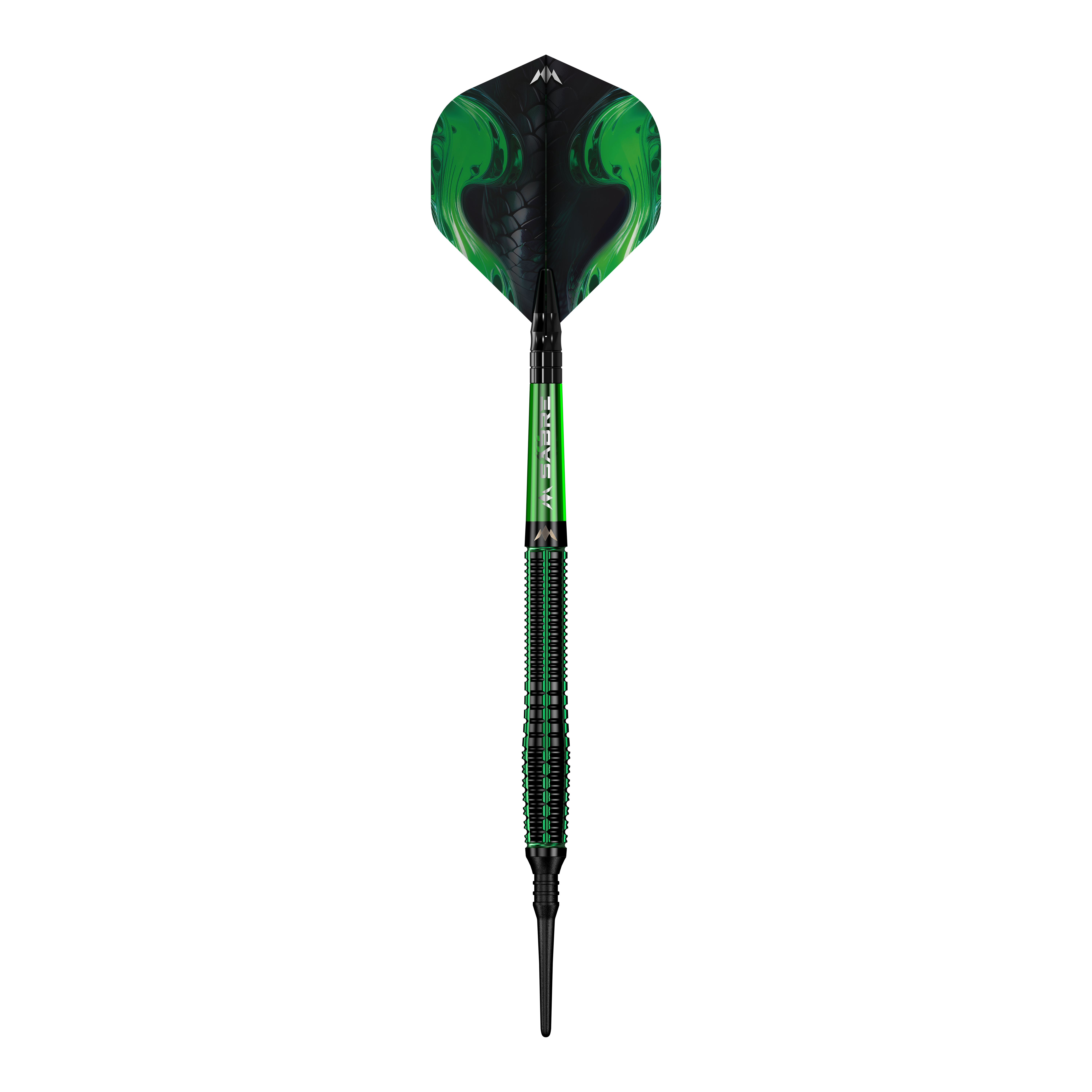 Freccette morbide Mission Venom - 20 g Das Bild zeigt einen Softdart namens "Mission Venom Softdarts - 20g". Der Dart ist überwiegend schwarz und grün gestaltet und hat ein auffälliges, modernes Design.