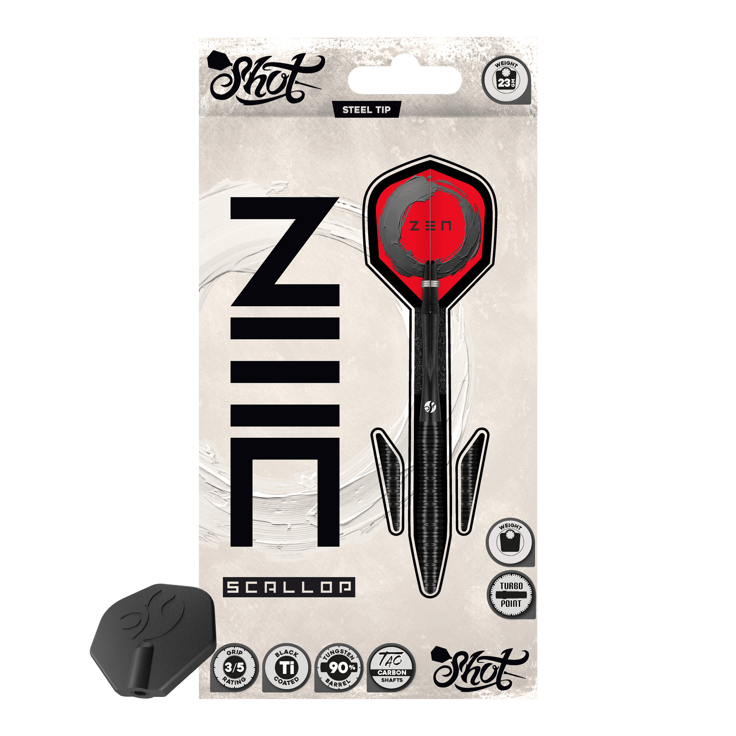 Freccette in acciaio Shot ZEN Scallop Turbo Point - 23 g Dieses Bild zeigt die Shot ZEN Scallop Turbo Point Steeldarts - 23g aus einer weiteren Ansicht. Die Darts zeichnen sich durch hochwertige Verarbeitung aus.