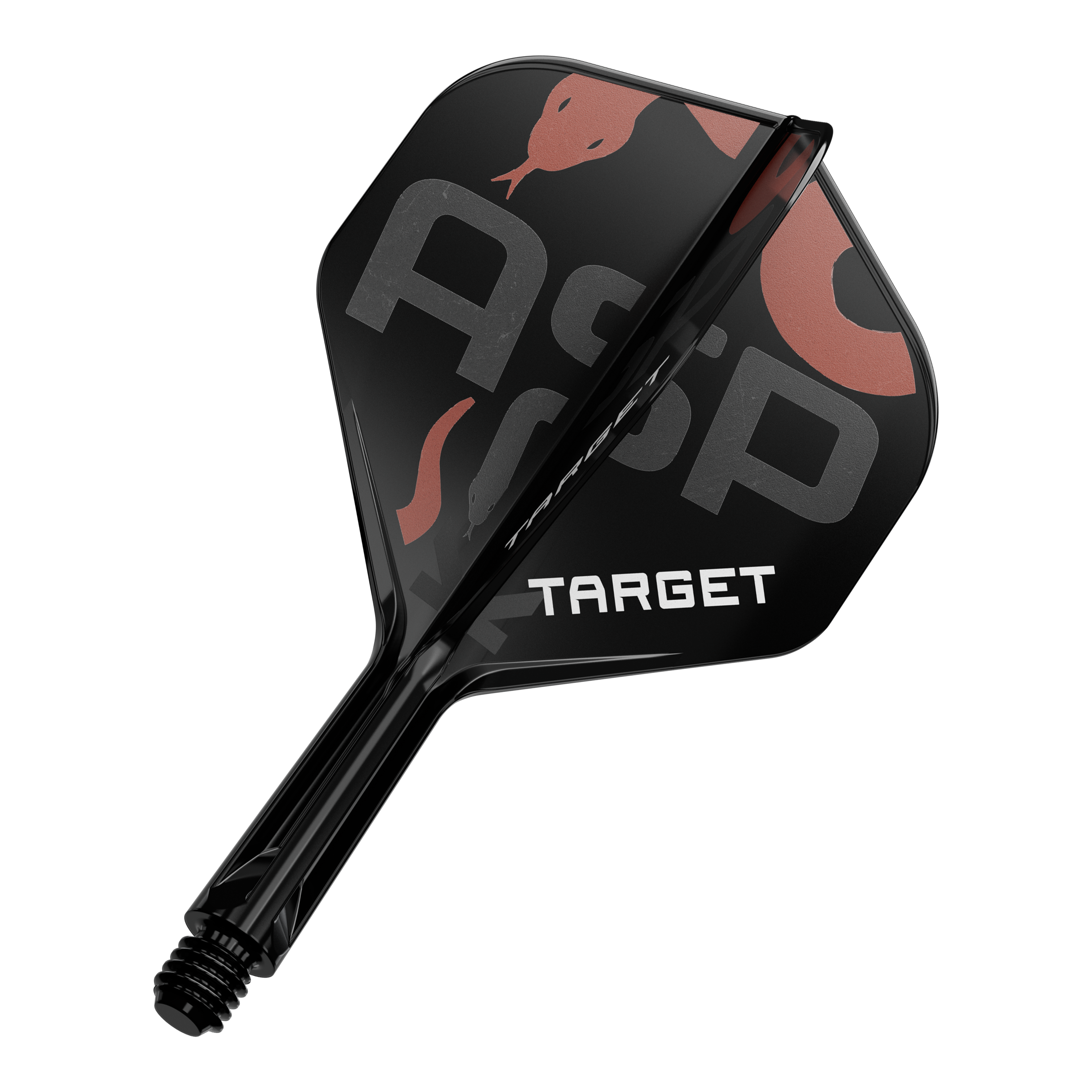 Sistema di alberi di volo standard Target K-Flex Nathan Aspinall No2 Das Bild zeigt ein schwarzes Dart-Flügel- und Schaftsystem mit der Aufschrift "TARGET". Auf dem Flügel sind zudem die Buchstaben "Asp" sowie eine Schlangenabbildung zu sehen.