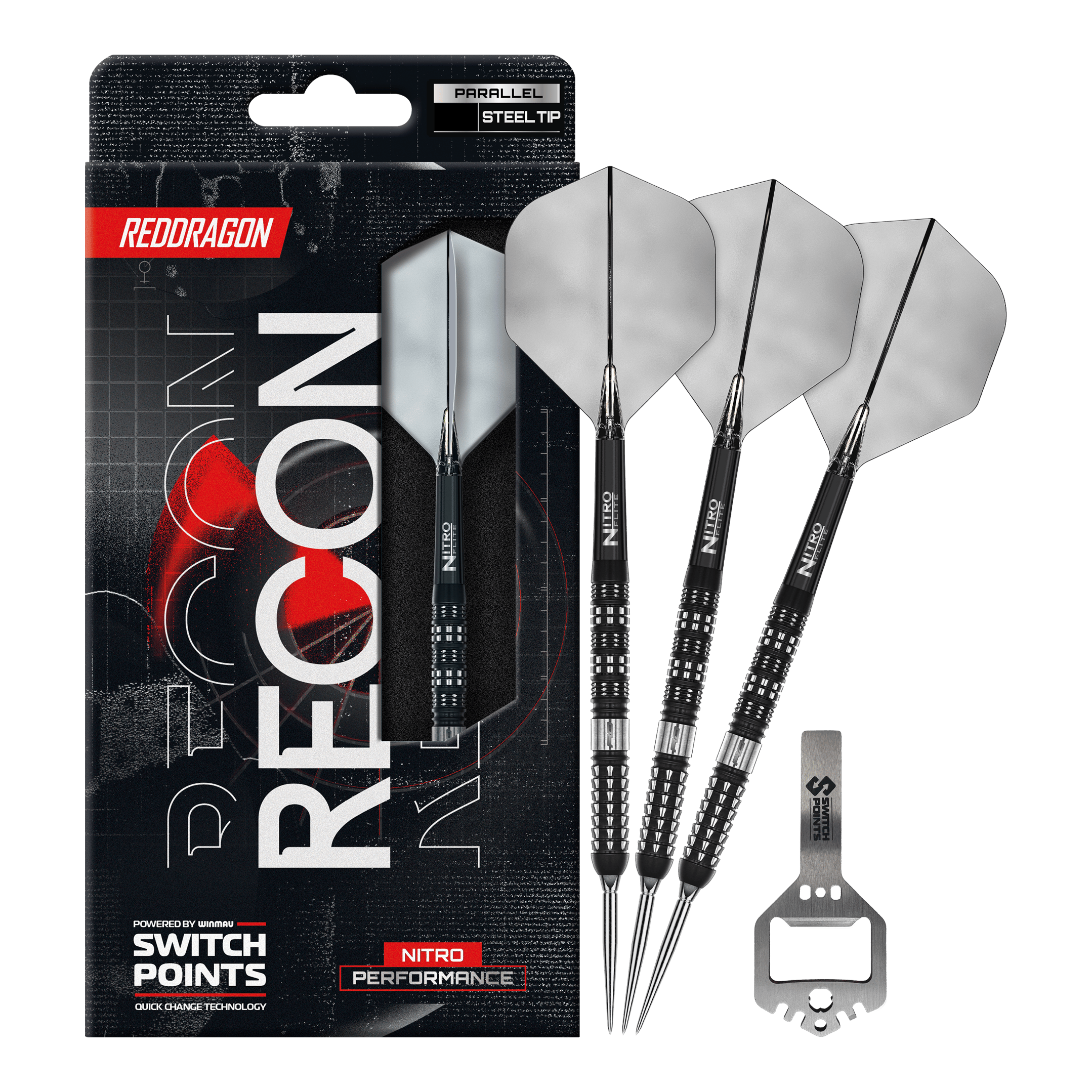 Dardi d'acciaio paralleli Red Dragon Recon Das Bild zeigt die Red Dragon Recon Parallel Steeldarts in voller Länge. Die Steeldarts haben ein modernes Design.