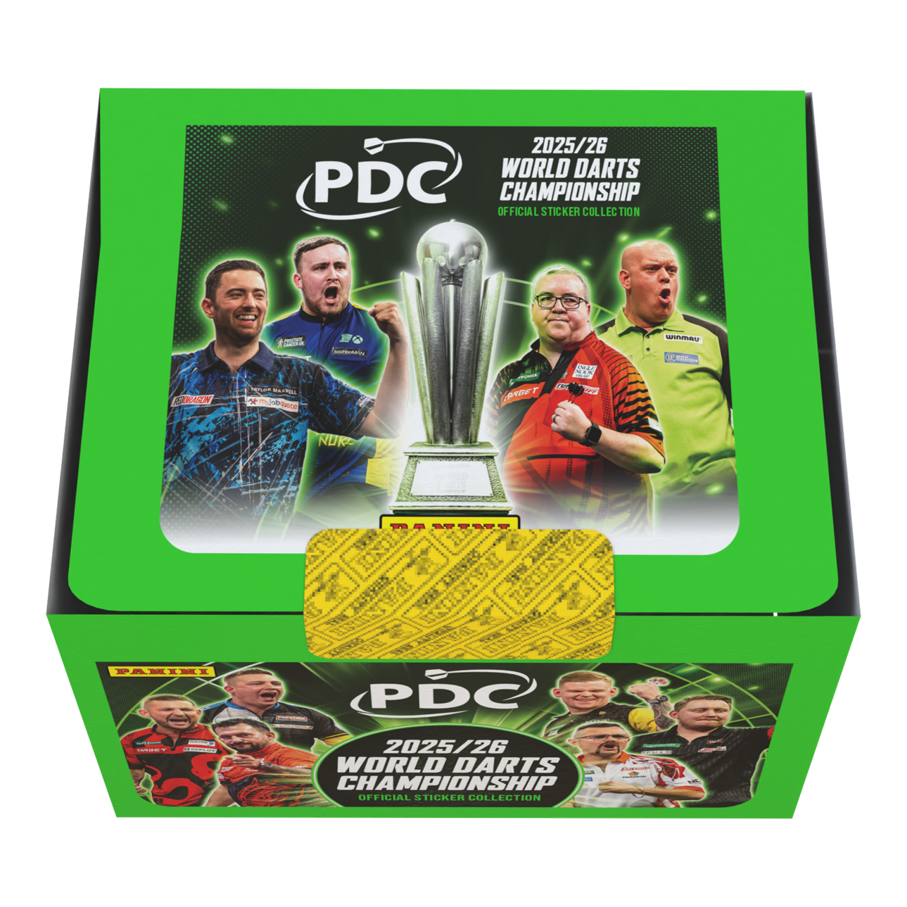 Panini PDC World Darts Championship 2025/26 - Scatola di adesivi con 65 pacchetti Die Panini PDC World Darts Championship 2025/26 Stickerbox mit 65 Tüten ist zu sehen. Das Bild gibt einen Überblick über die Verpackung und den Inhalt der Box.