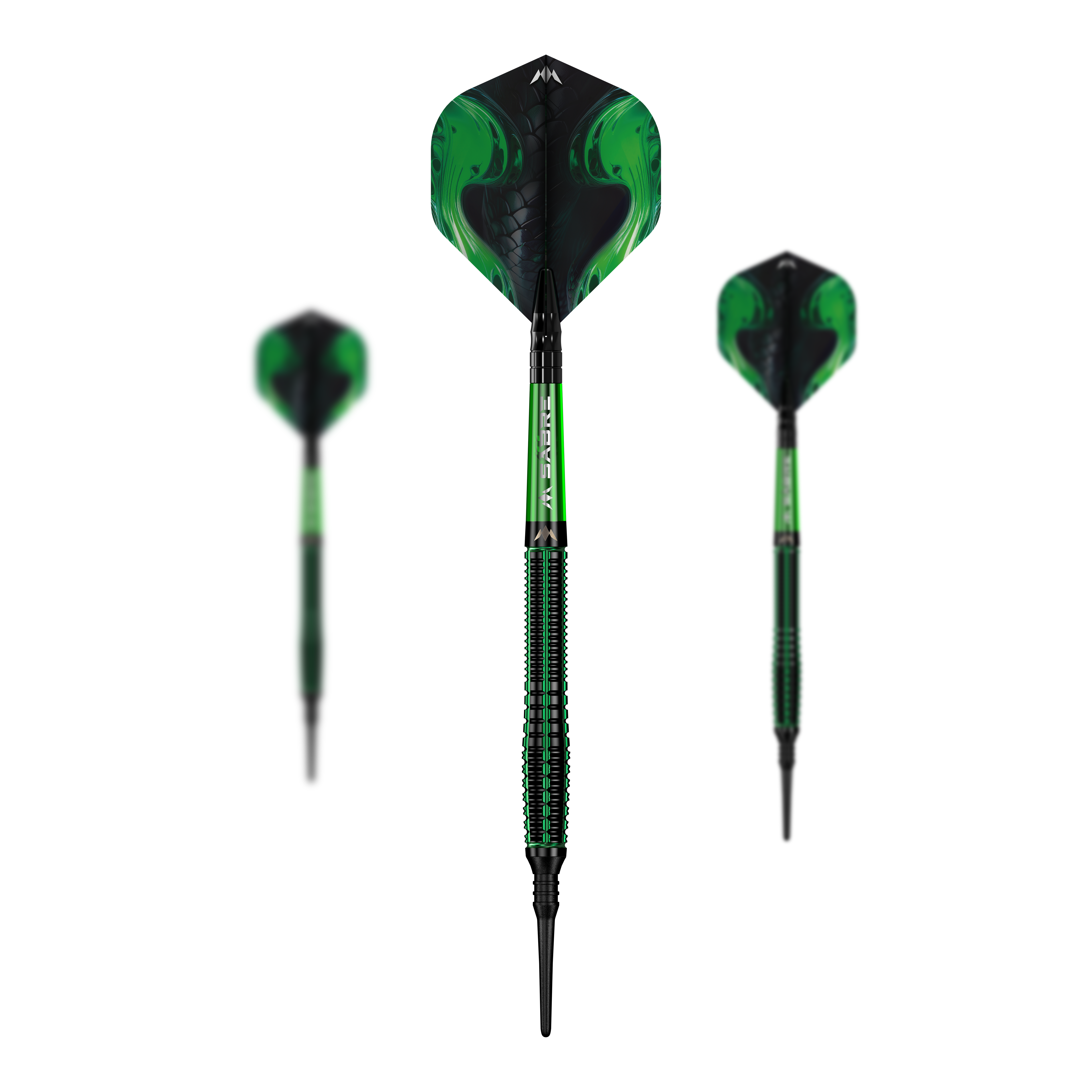 Freccette morbide Mission Venom - 20 g Das Bild zeigt drei grüne Mission Venom Softdarts mit schwarzen Akzenten. Die Darts haben ein Gewicht von 20 Gramm und ein auffälliges Schlangenmuster auf den Flights.