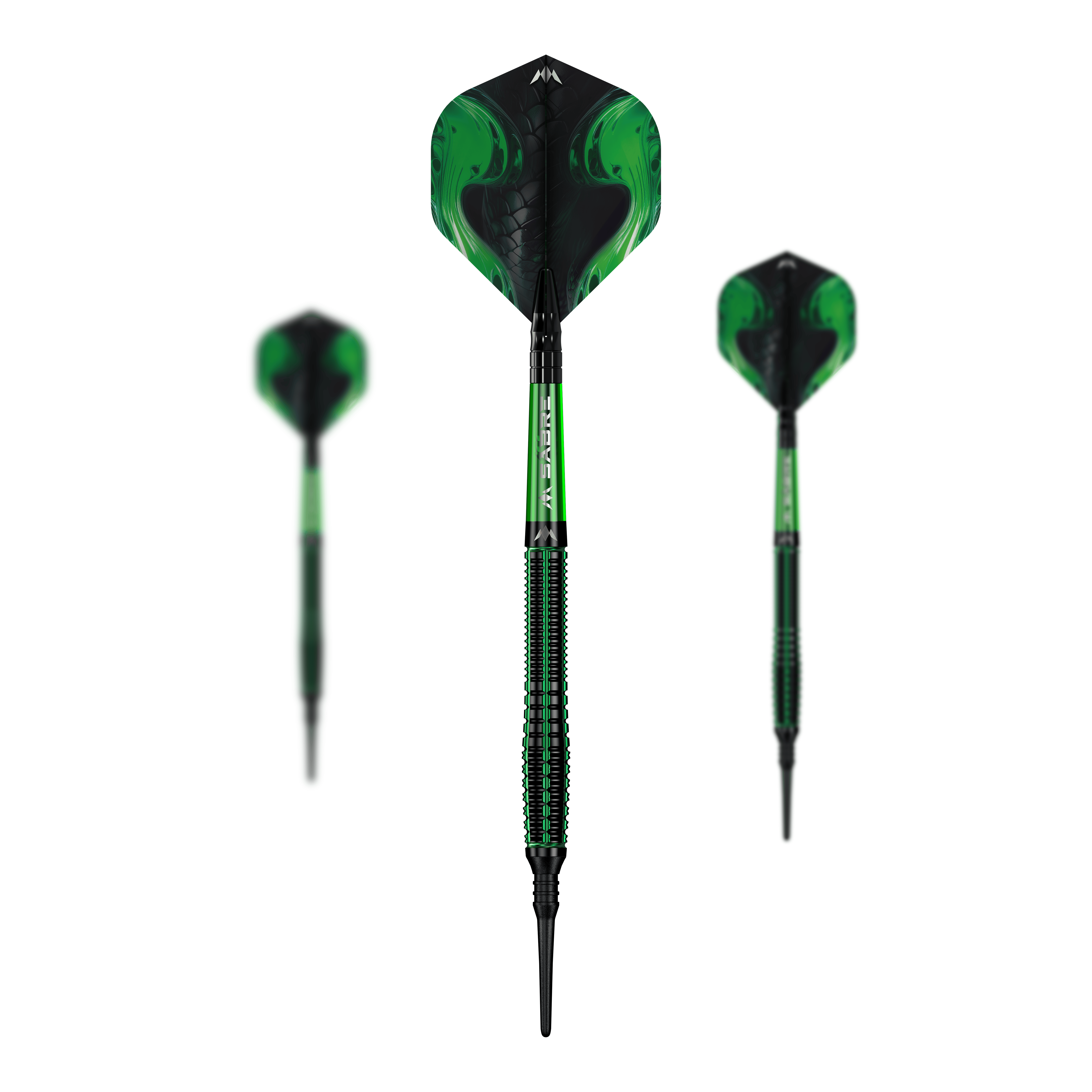 Freccette morbide Mission Venom - 20 g Mehrere Mission Venom Softdarts - 20g liegen als Set nebeneinander. Die Materialien erscheinen hochwertig.