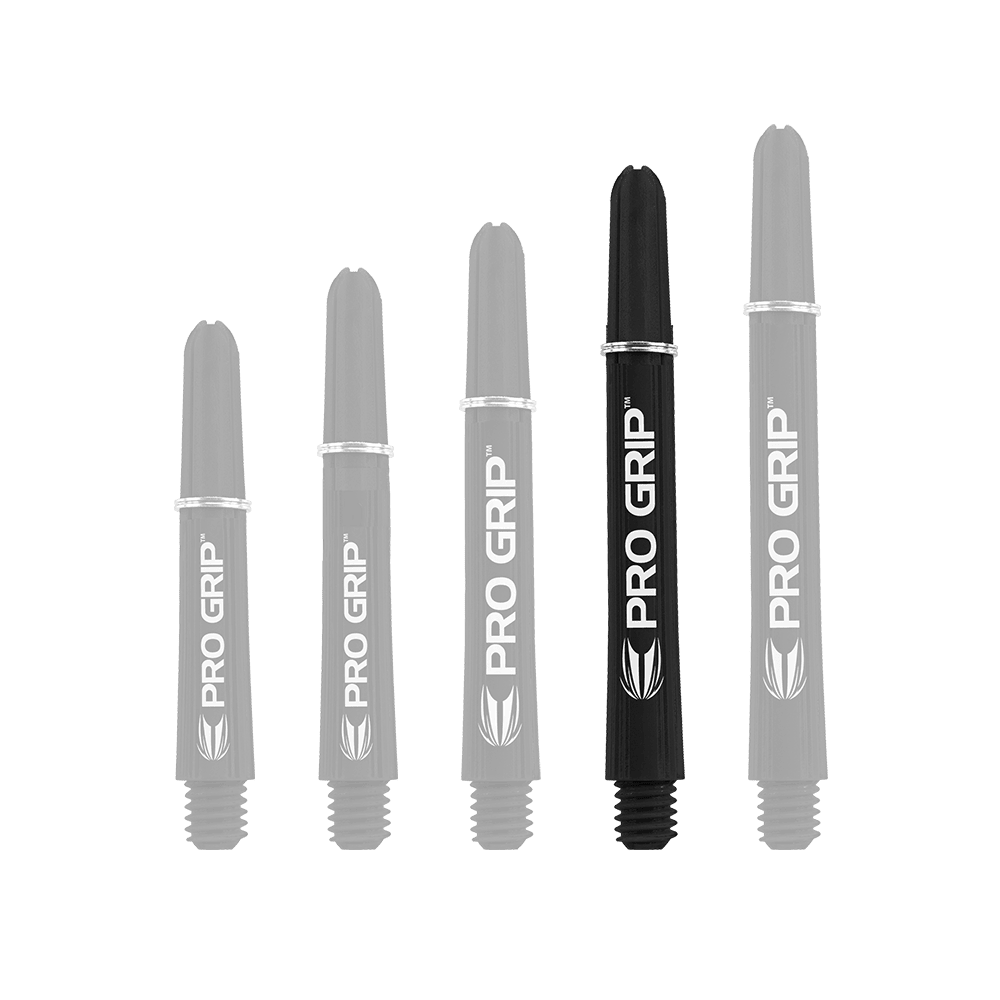 Auf dem Bild sind fünf schwarze Target Pro Grip Shafts in verschiedenen Längen zu sehen. Die Schäfte sind mit dem weißen Aufdruck "PRO GRIP" versehen.