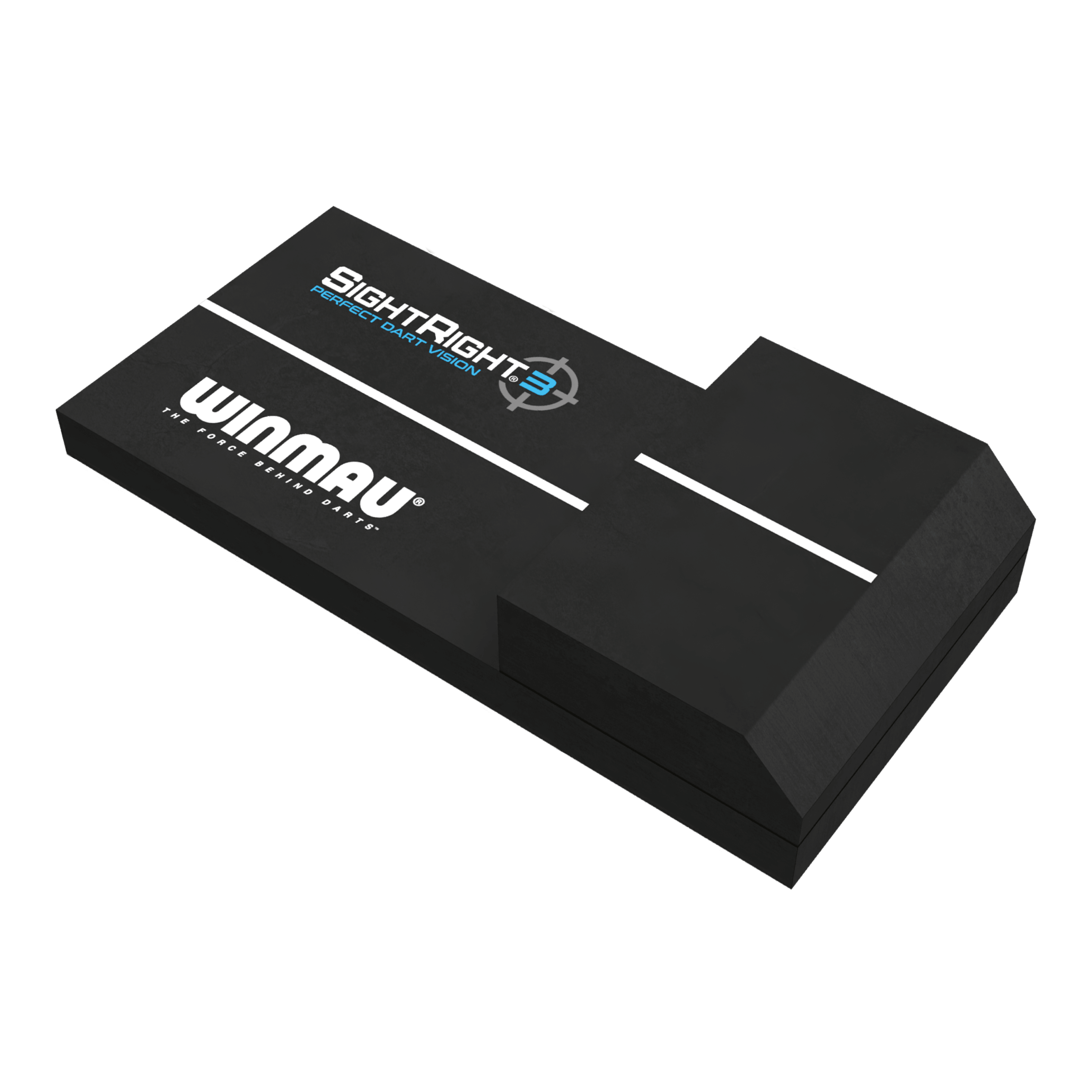 Winmau SightRight 3 - Compatto Das Bild zeigt das Produkt "Winmau SightRight 3 - Compact", ein Hilfsmittel für Dartspieler. Es ist schwarz und hat weiße Linien sowie die Aufschriften "Winmau" und "SightRight 3" auf der Oberfläche.
