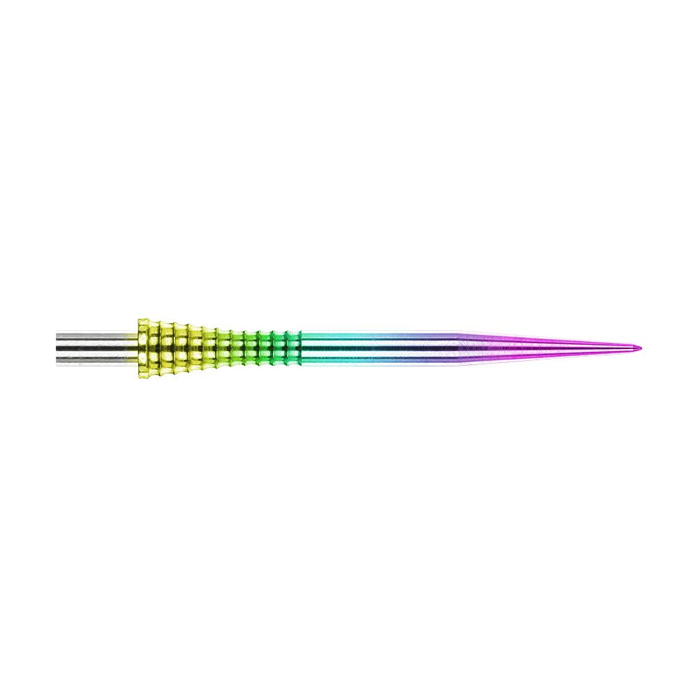 Punte per freccette in acciaio Red Dragon Raptor Gripped Rainbow da 30 mm Auf dem Bild ist eine Red Dragon Raptor Gripped Rainbow Steeldartspitze mit einer Länge von 38 mm zu sehen. Die Spitze besitzt einen farbigen Regenbogeneffekt und eine geriffelte Grifffläche.