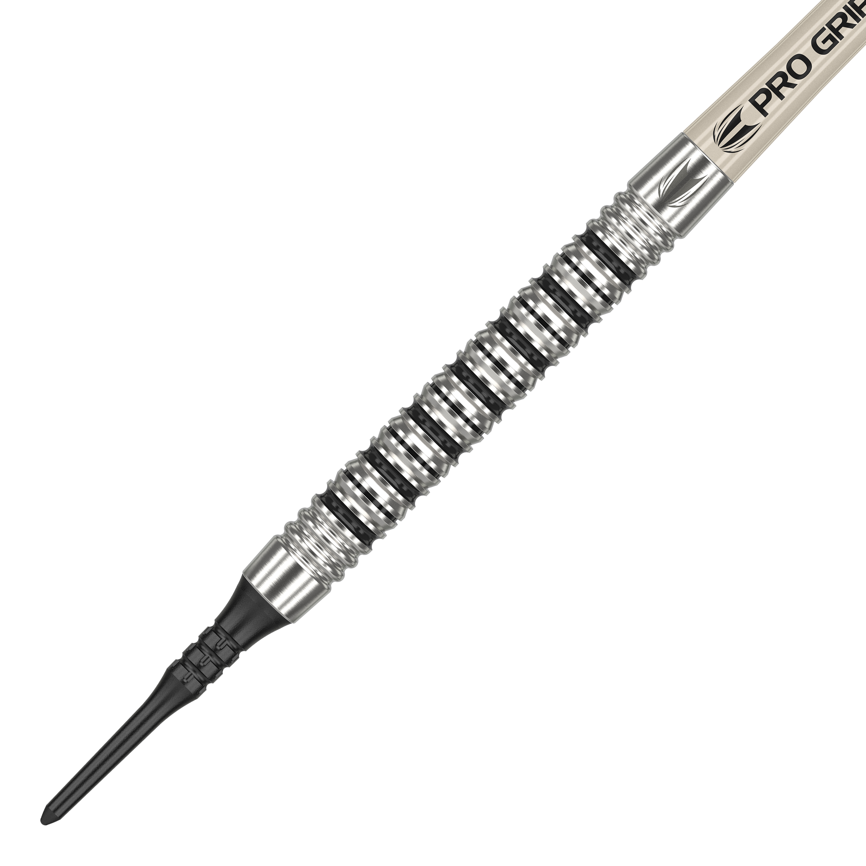 Freccette morbide Target EXO 11 Das Bild zeigt den Target EXO 11 Softdart. Der Dart hat eine silberne, gerillte Griffzone und eine schwarze Kunststoffspitze.