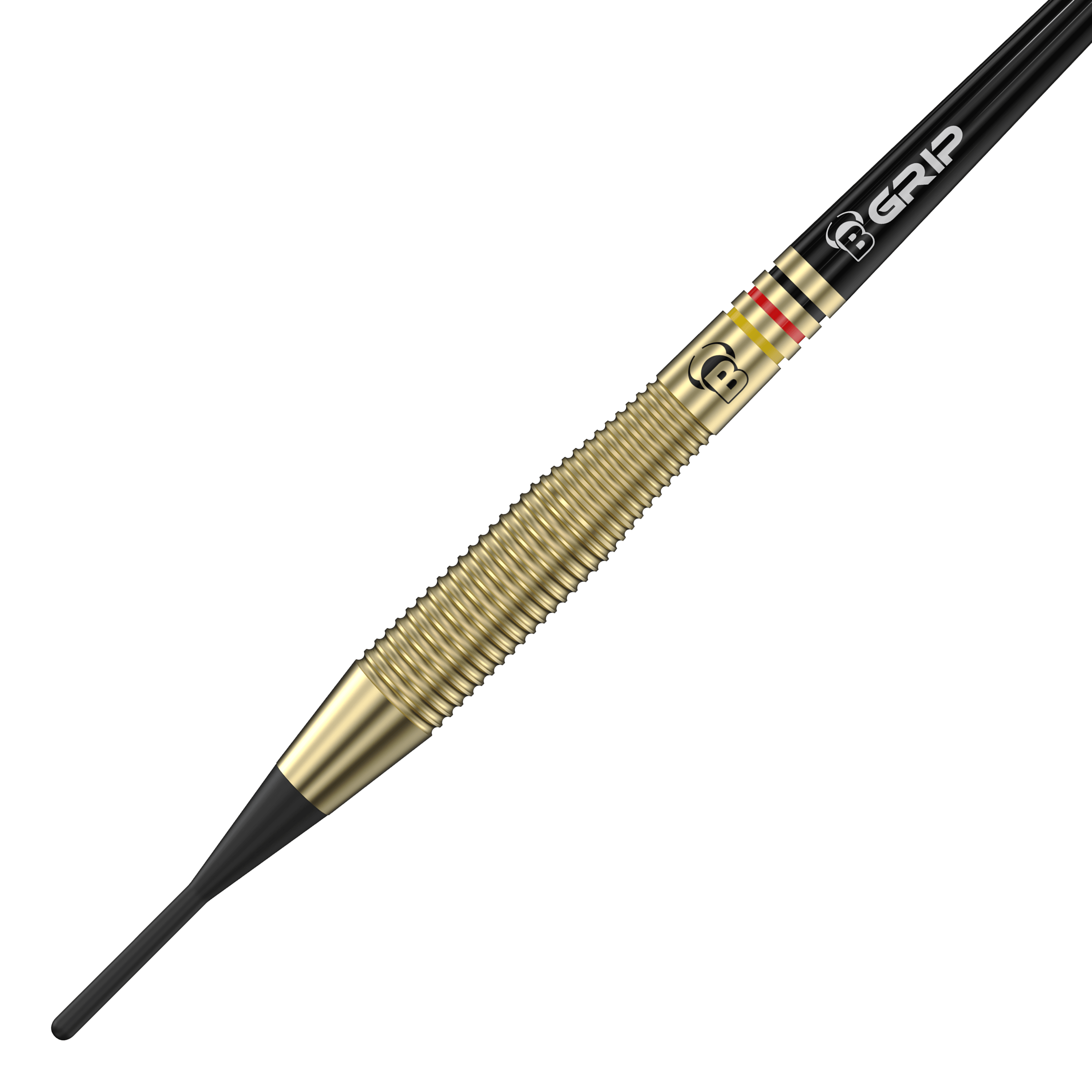 Bulls Martin Schindler The Wall Brass Softdarts - 18 g Das Bild zeigt einen Bulls Martin Schindler The Wall Brass Softdart mit einem Gewicht von 18g. Der Dartpfeil hat einen goldfarbenen, geriffelten Messingkörper und eine schwarze Softspitze.