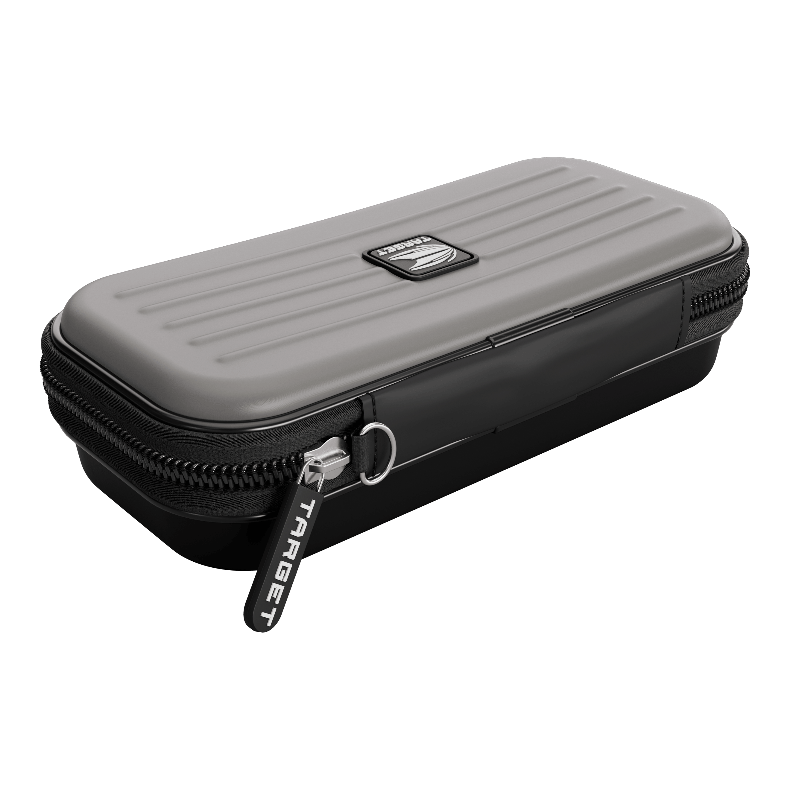 Target Takoma Dartwallet Dies ist ein rechteckiges Etui mit einem grauen, gerillten Deckel und schwarzem Reißverschluss. Auf dem Reißverschluss steht das Wort "TARGET".