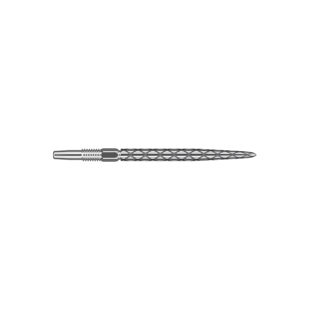 Punte per freccette Target Swiss Diamond Pro Silver Points Das Bild zeigt eine silberne Dartspitze mit einem rautenförmigen Muster. Sie ist lang und schmal gefertigt und hat eine glatte, glänzende Oberfläche.