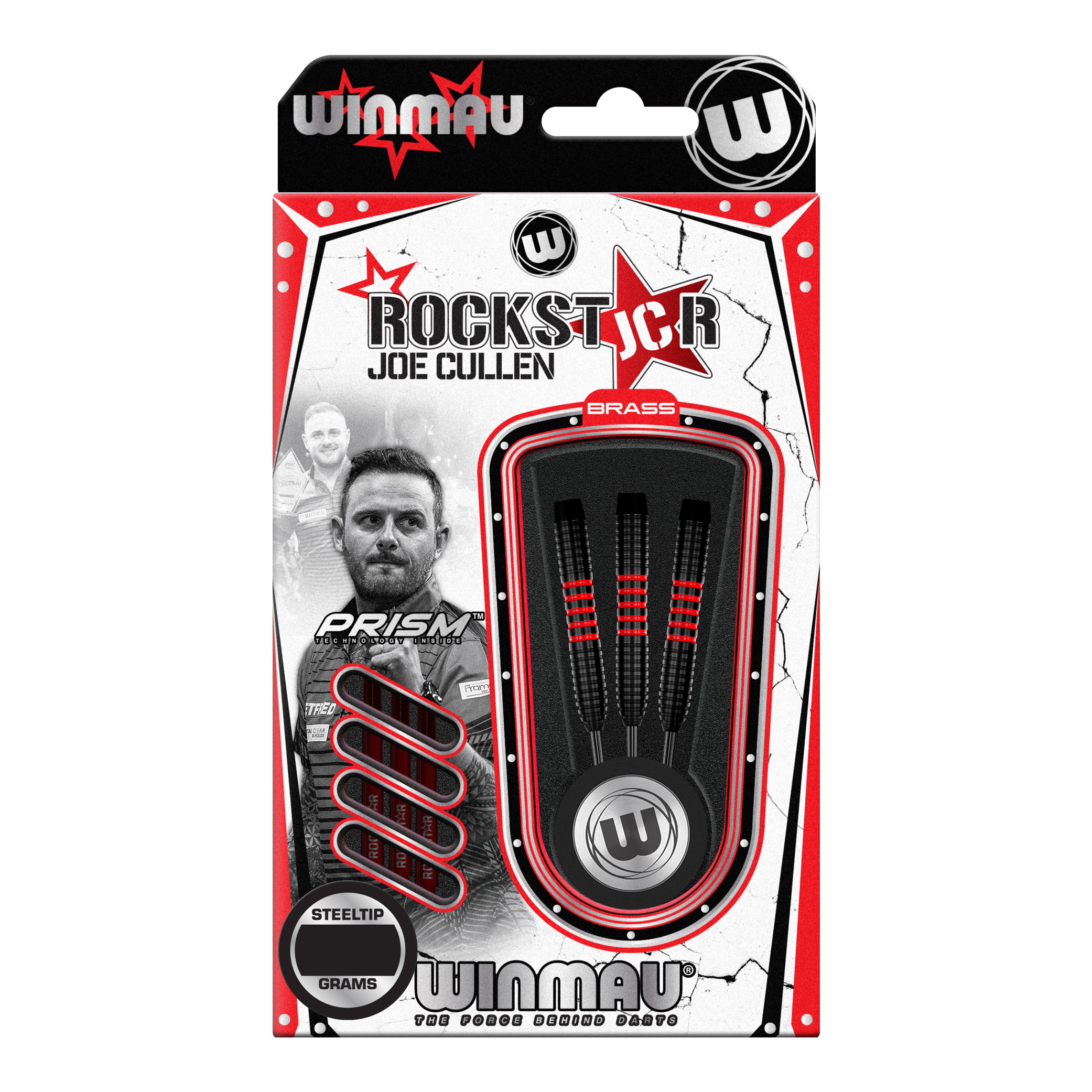 Freccette in acciaio Winmau Joe Cullen in ottone - 20 g Das Bild zeigt die Verpackung der "Winmau Joe Cullen Brass Steeldarts - 20g". In der Verpackung sind drei schwarze Steeldarts mit roten Akzenten zu sehen.