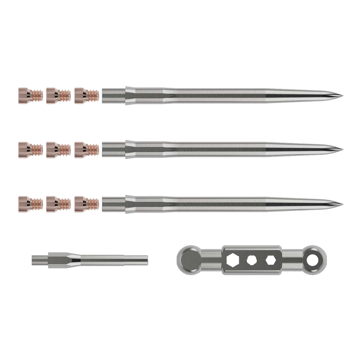 Kit di avviamento Caliburn Das Bild zeigt das Caliburn Starter-Kit mit mehreren metallischen Komponenten. Zu sehen sind lange, spitze Stäbe, kleine Schrauben sowie zwei weitere Werkzeugteile.