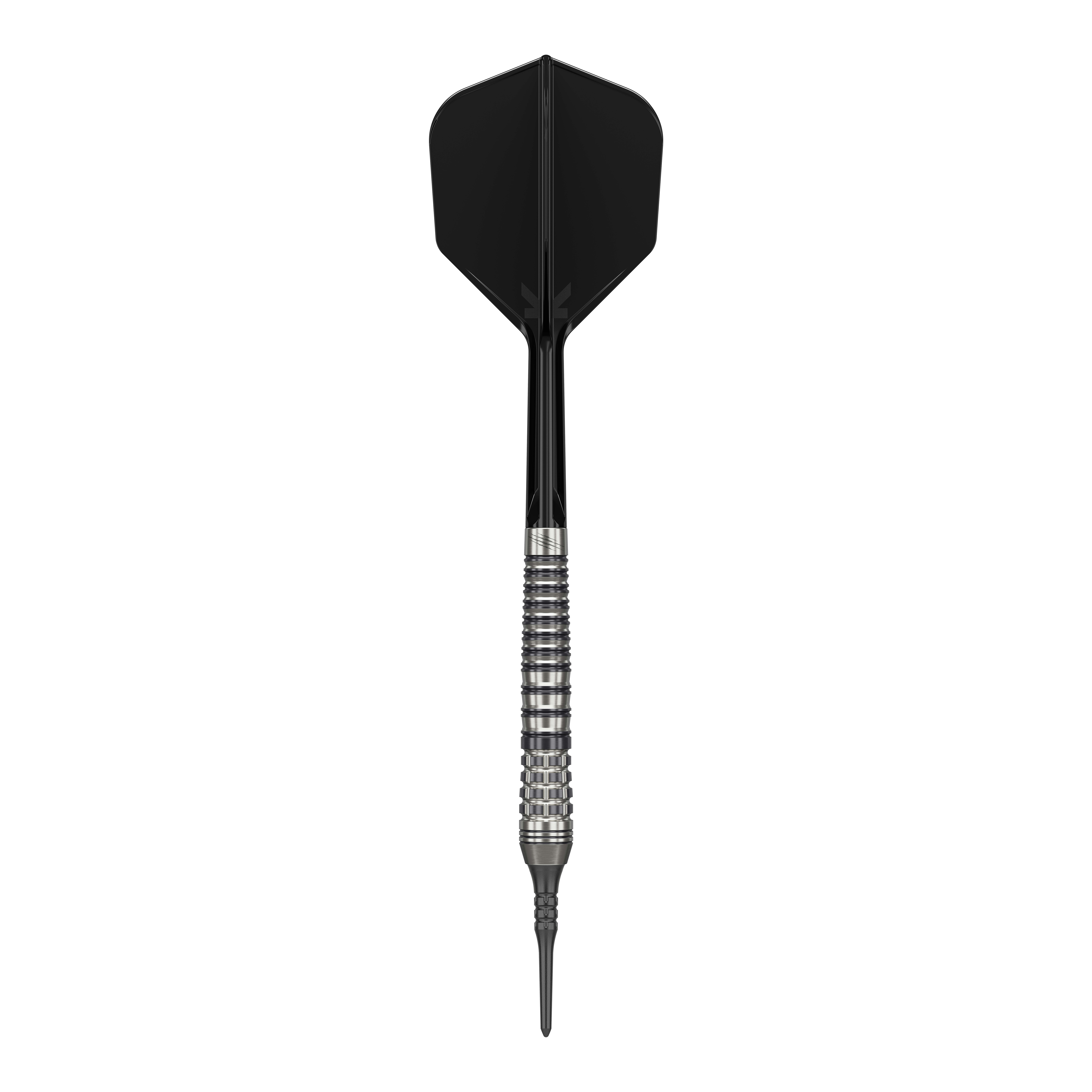 Target Japan Black Marque Renegade 4 Softdarts - 19 g Das Bild zeigt einen schwarzen Softdart namens "Target Japan Black Marque Renegade 4" mit einem Gewicht von 19g. Der Dart hat ein elegantes Design mit einem strukturierten Griff und schwarzer Spitze sowie schwarzem Flight.