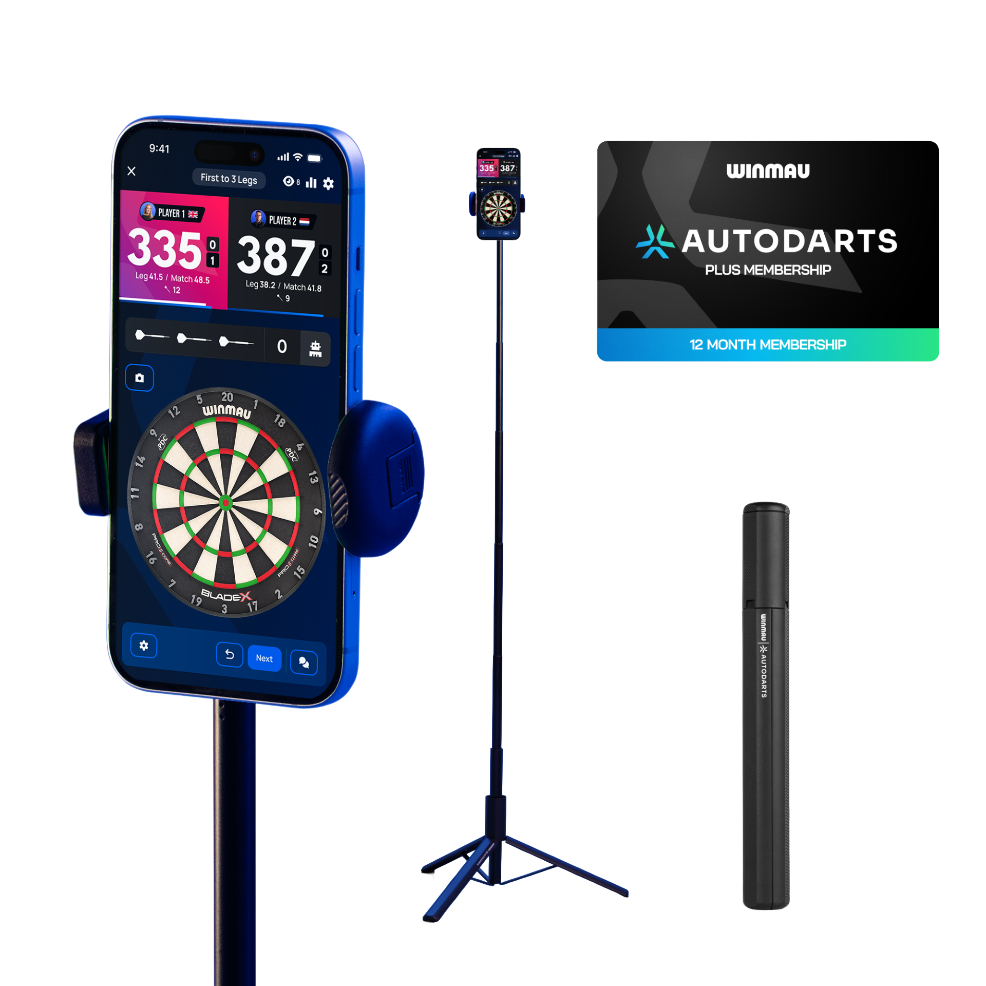 Pacchetto che include supporto per dispositivi Winmau e abbonamento di 12 mesi. Das Foto zeigt das Winmau Device Stand & 12 Monate Membership Bundle. Das Bundle enthält einen Gerätehalter und eine Jahresmitgliedschaft.