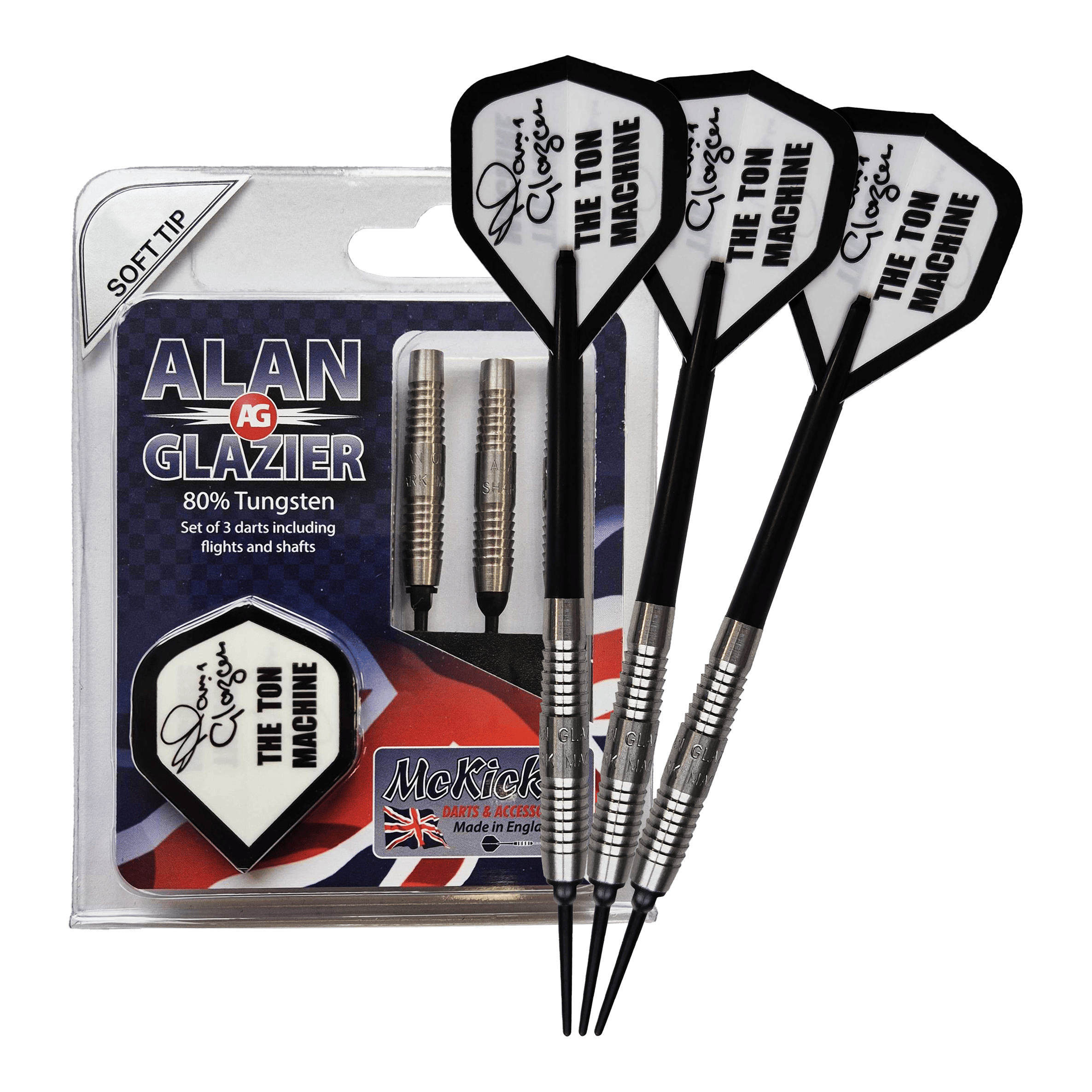 Freccette morbide McKicks Alam Glazier Shark Machine Das Bild zeigt ein Set von drei Softdarts mit der Aufschrift "McKicks Alan Glazier Shark Machine Softdarts". Die Verpackung hebt hervor, dass die Darts zu 80% aus Tungsten bestehen und "The Ton Machine" Flügel besitzen.