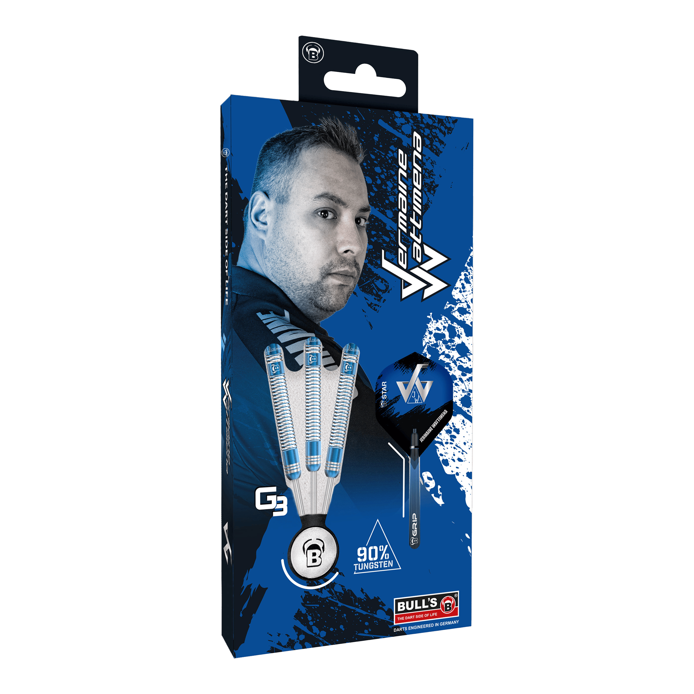 Freccette in acciaio Bulls Jermaine Wattimena Generation 3 Die Verpackung zeigt die Bulls Jermaine Wattimena Generation 3 Steeldarts mit 90% Tungsten. Auf der Vorderseite ist ein Bild von Jermaine Wattimena und die drei Darts abgebildet.