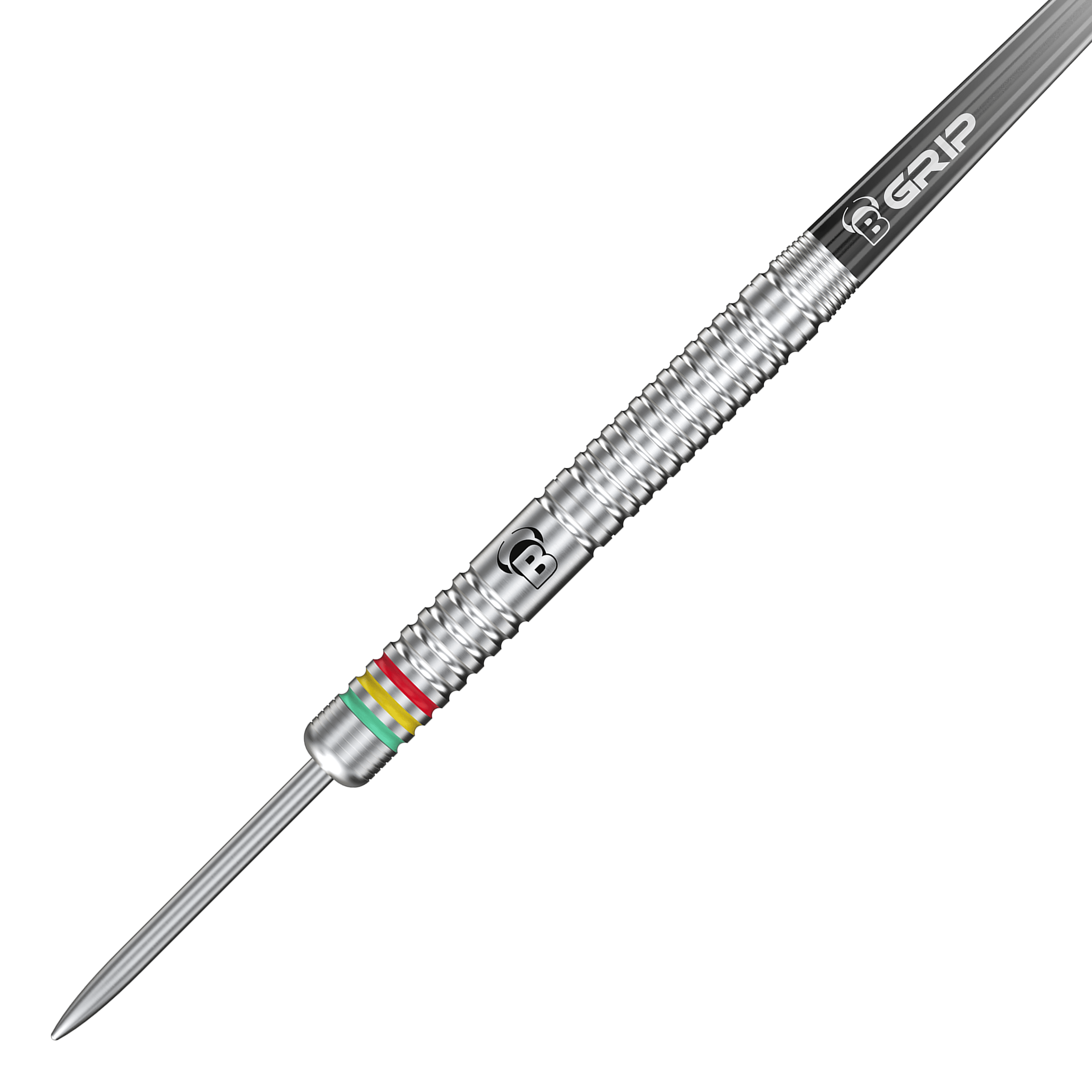 Freccette in acciaio Bulls Martijn Dragt - 24g Das Bild zeigt einen silbernen Steeldart mit Rillen und bunten Ringen nahe der Spitze. Auf dem Dart steht "B GRIP" und es handelt sich um das Modell "Bulls Martijn Dragt Steeldarts - 24g".