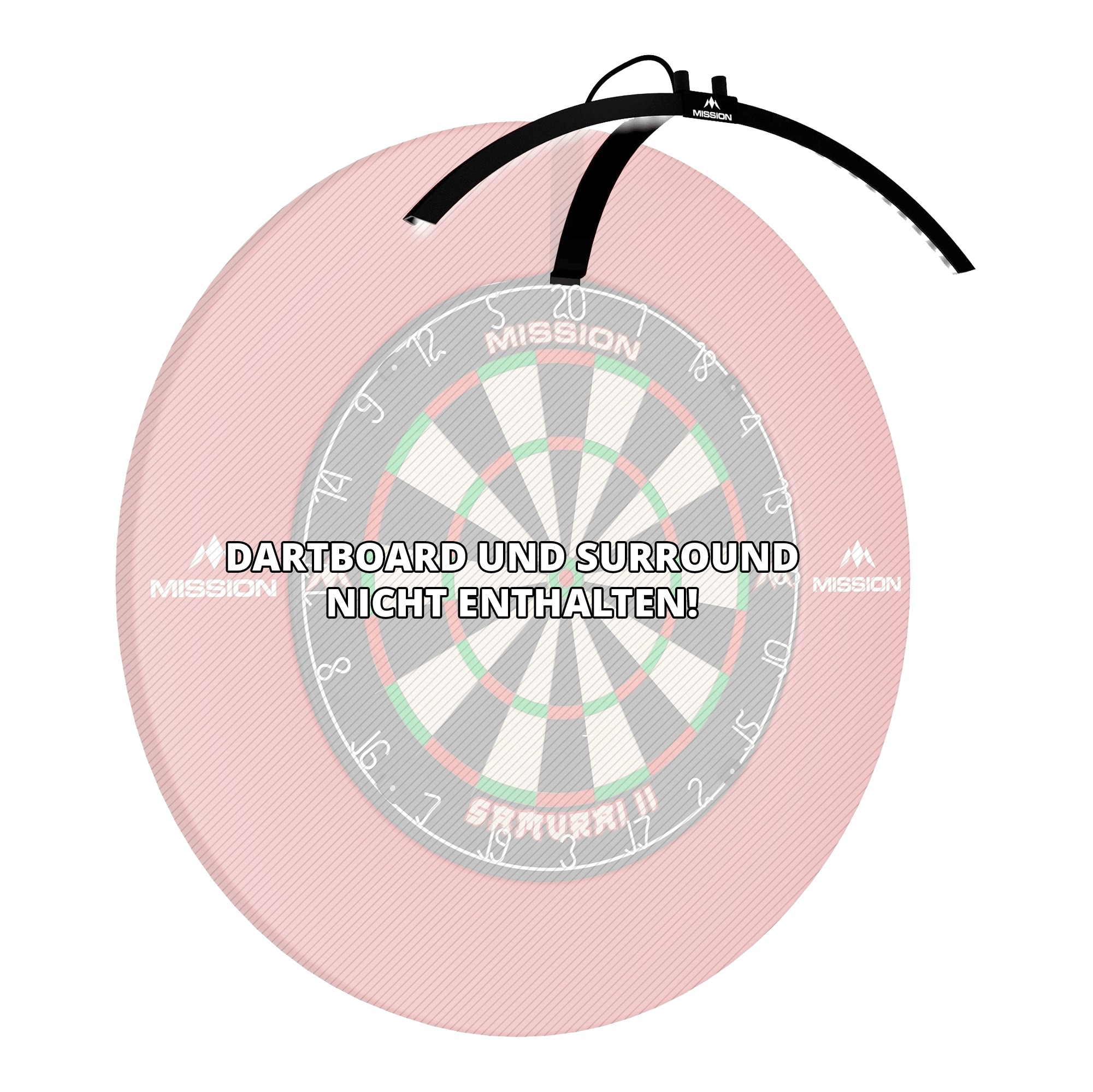 Illuminazione per bersaglio per freccette a LED pieghevole Mission Torus 100 Das Bild zeigt die faltbare LED Dartboard Beleuchtung "Mission Torus 100", die über einem Dartboard platziert ist. Ein Hinweis weist darauf hin, dass das Dartboard und das Surround nicht enthalten sind.