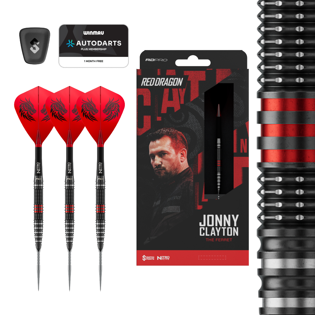 Freccette in acciaio Switch Point Red Dragon Jonny Clayton RD-PRO Dieses Bild zeigt die Red Dragon Jonny Clayton RD-PRO Switch Point Steeldarts. Die Darts liegen auf einem hellen Hintergrund.
