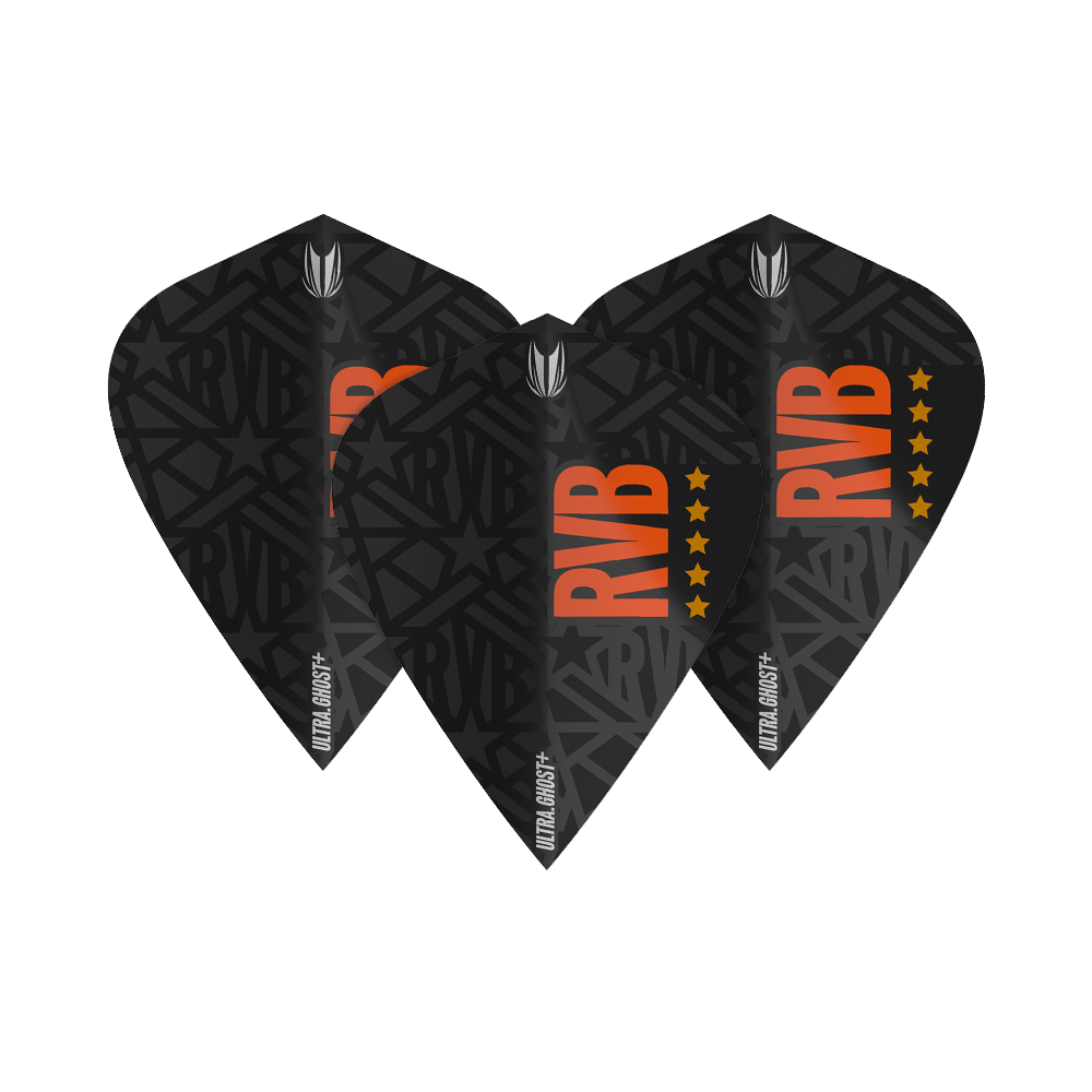 Target UltraGhost Raymond Van Barneveld GEN2 Voli per aquiloni Das Bild zeigt drei schwarze Dartflights mit dem Schriftzug "RVB" in orange und einem Muster im Hintergrund. Die Flights tragen zusätzlich die Aufschrift "ULTRA GHOST+" und sind mit fünf Sternen versehen.
