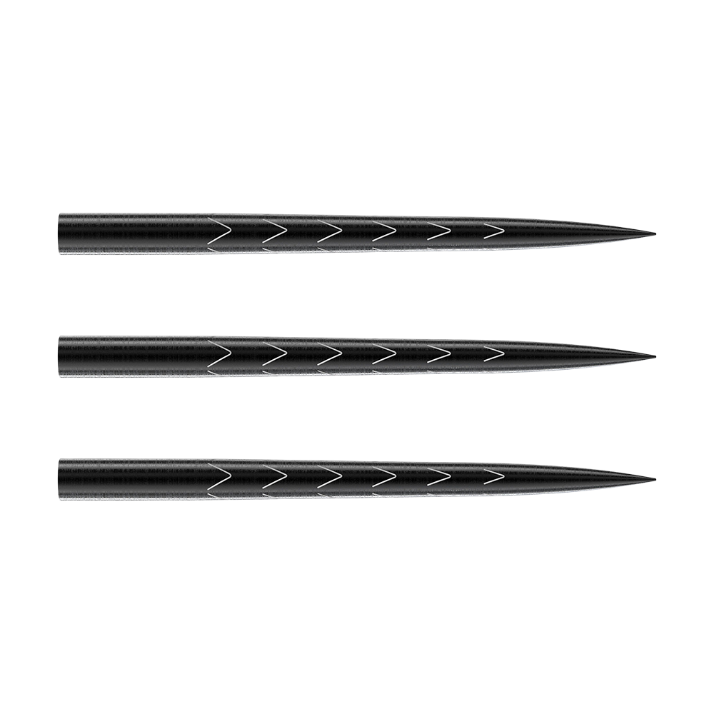 673_57723_Bulls_Magma_Point_Steeldartspitzen_1MeRigB6O8L7Av Das Bild zeigt drei schwarze Steeldartspitzen des Produkts "Bulls Magma Points". Die Spitzen haben eingravierte Pfeilmuster entlang ihrer Länge.
