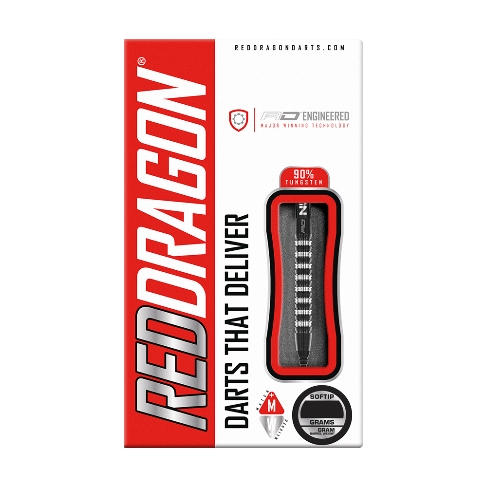 Auf dem Bild ist die Verpackung der "Red Dragon Razor Edge Elite Softdarts - 20g" zu sehen. Die Verpackung ist rot-weiß gestaltet und zeigt einen Softdart mit dem Hinweis auf 90% Tungsten.