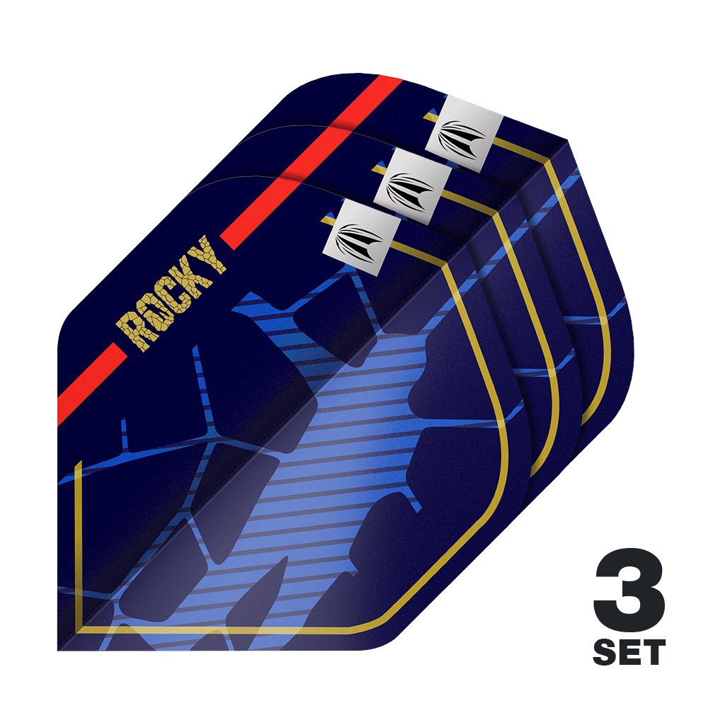 Target Pro Ultra Josh Rock GEN1 No2 Standard Flights - 3 set Das Bild zeigt drei Sätze dunkler Dartflights mit dem Schriftzug "ROCKY" und einem auffälligen blauen Muster. In der rechten unteren Ecke steht die Aufschrift "3 SET".