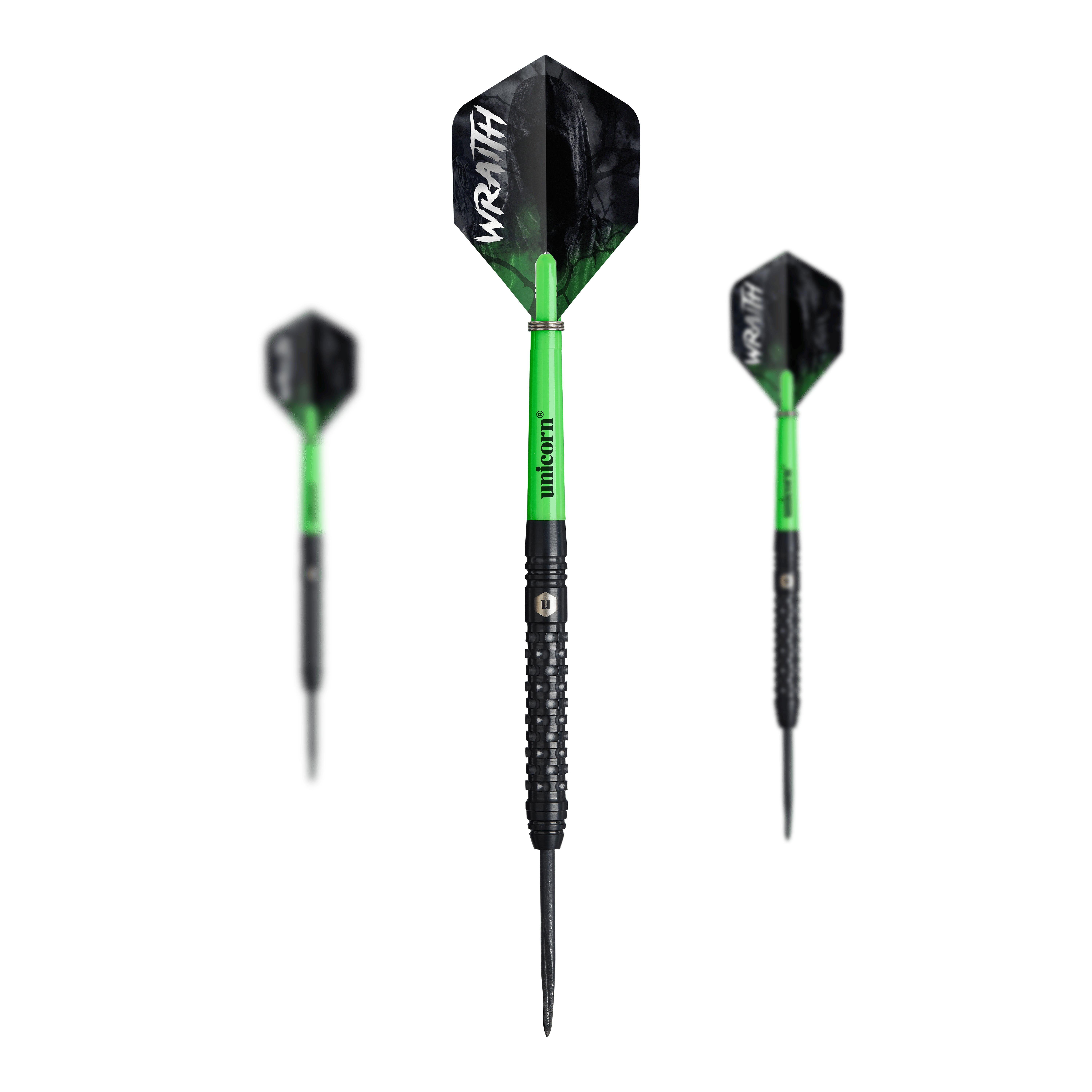 Freccette in acciaio Unicorn Wraith Das Set Unicorn Wraith Steeldarts ist zusammen abgebildet. Das Produkt wirkt hochwertig.