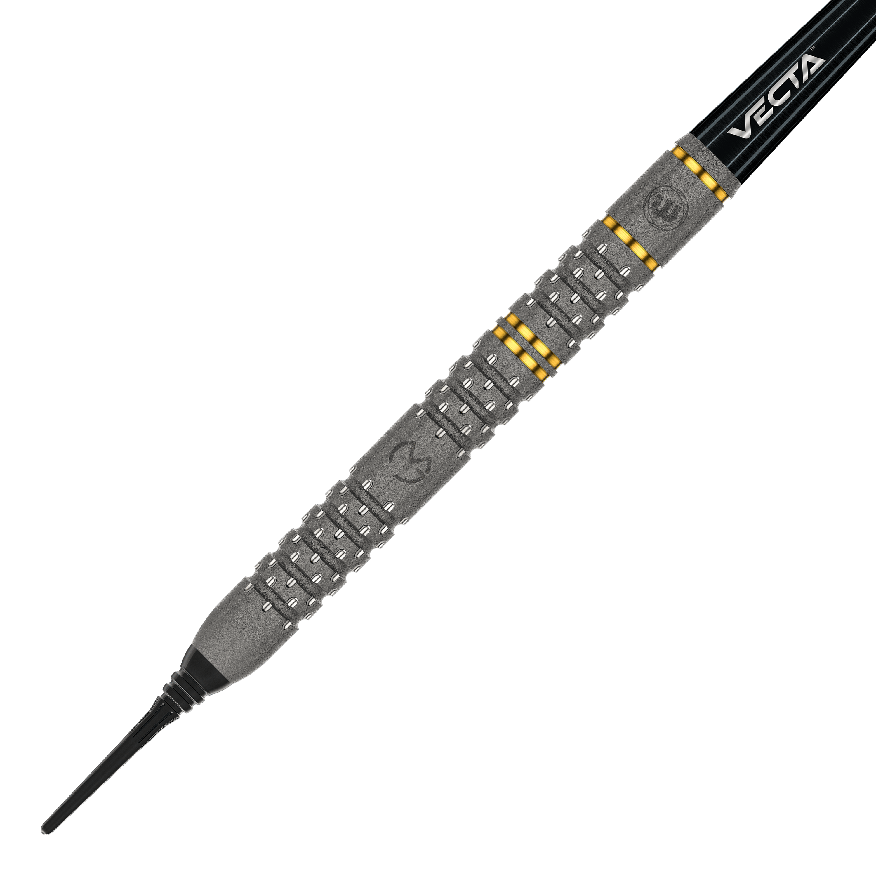 Freccette morbide Winmau Michael Van Gerwen Evo-X - 20g Das Bild zeigt einen Winmau Michael Van Gerwen Evo-X Softdart mit einem Gewicht von 20 Gramm. Der Dart hat ein markantes Design mit silbernen und goldenen Akzenten sowie der Aufschrift "VECTA".