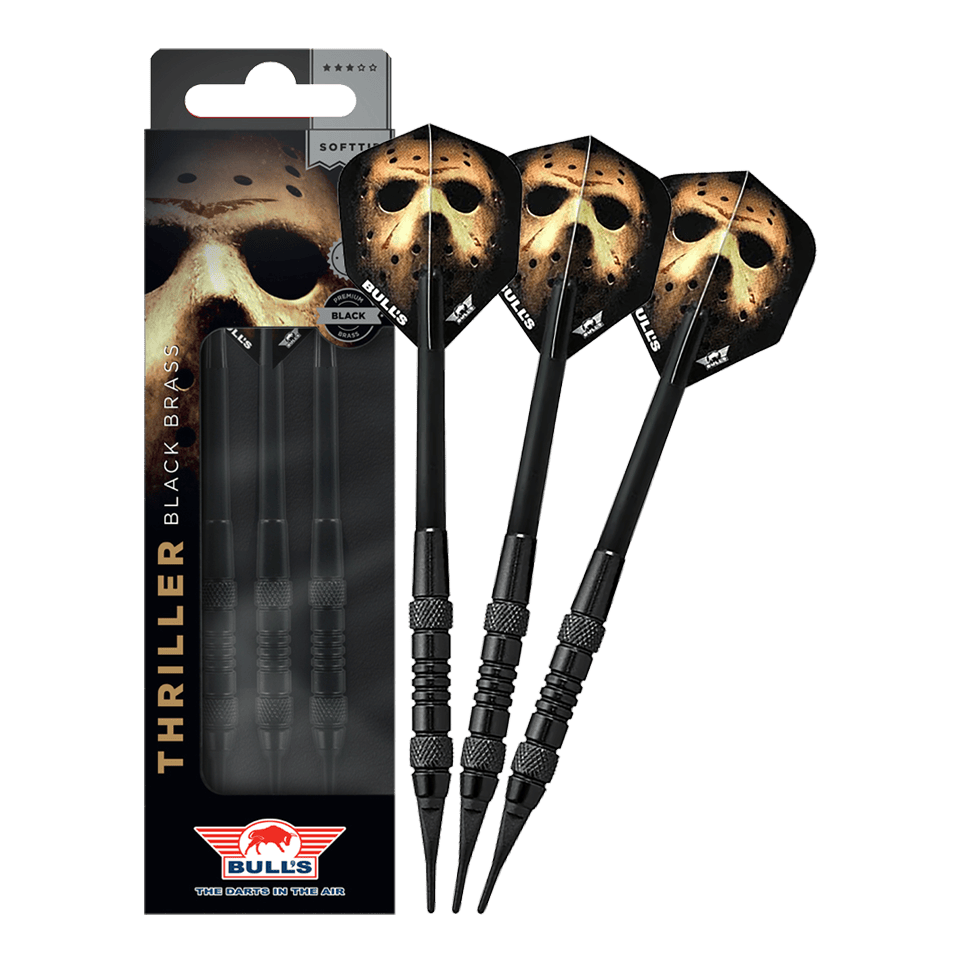 Freccette morbide Bulls NL Thriller in ottone nero - 18 g Das Bild zeigt Bulls NL Thriller Black Brass Softdarts mit 18 Gramm. Diese Softdarts zeichnen sich durch ihre schwarze Optik aus.