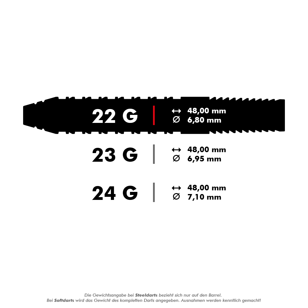 Freccette in acciaio Target Bolide Void 02 Swiss Point Das Bild zeigt die technischen Daten von Steeldarts mit den Gewichten 22 g, 23 g und 24 g. Für jedes Gewicht werden die Länge von 48,00 mm und unterschiedliche Durchmesser angegeben.