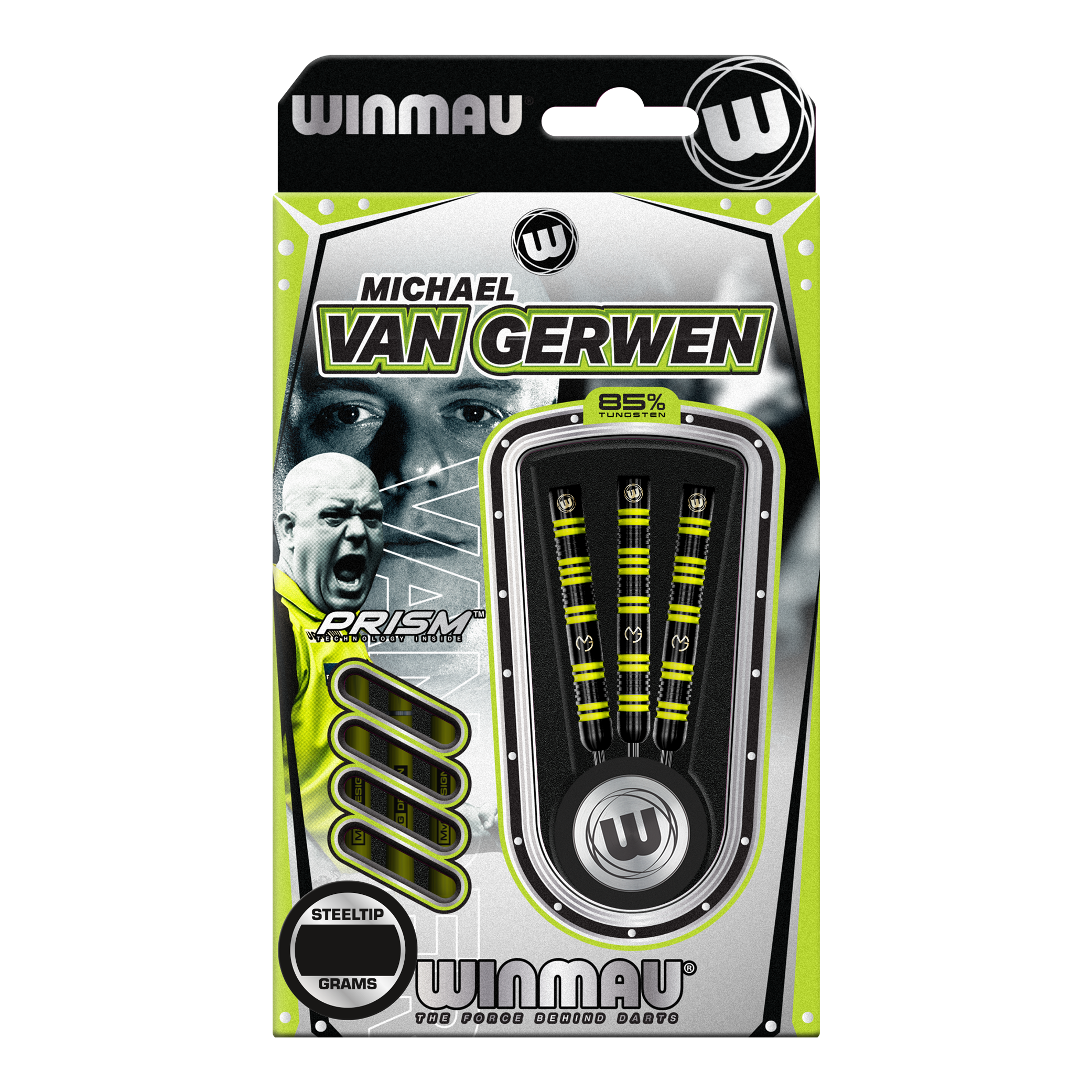 Freccette in acciaio Winmau Michael Van Gerwen 85 Pro-Series Das Bild zeigt eine Packung Winmau Michael Van Gerwen 85 Pro-Series Steeldarts. In der Verpackung sind drei Dartpfeile mit gelb-schwarzem Design sichtbar.