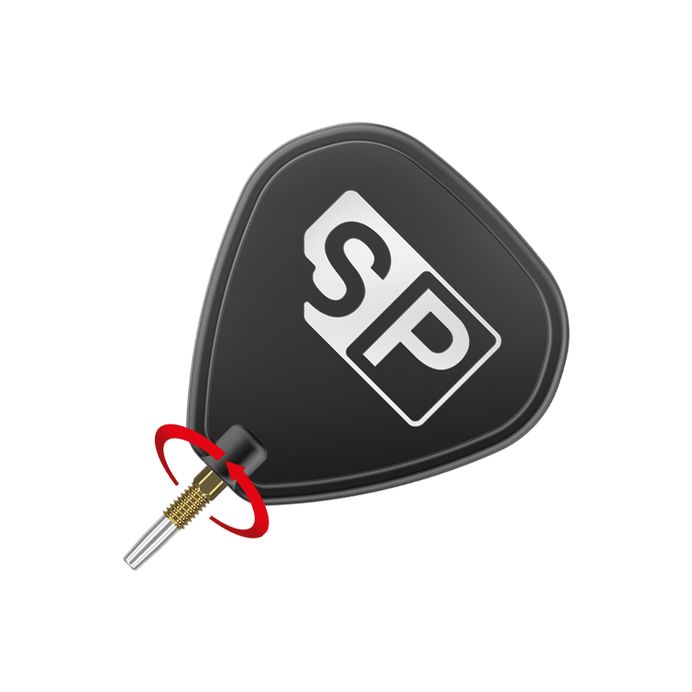 Punte per freccette Target Swiss Point Gold Das Bild zeigt eine schwarze Dart-Flügel mit den weißen Buchstaben "SP" darauf. Unten ist eine goldene Dartspitze mit einem roten Pfeil, der eine Drehbewegung anzeigt.