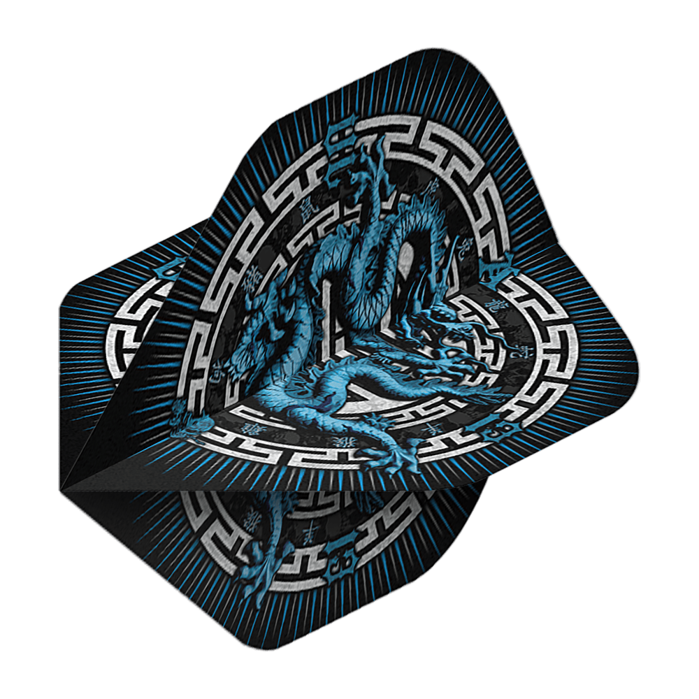 Alchimia Anno del Drago n. 2 Voli Standard Dieses Bild zeigt die "Alchemy Year Of The Dragon No2 Standard Flights". Auf den Flights ist ein blauer Drache mit asiatischem Muster auf schwarzem Hintergrund abgebildet.