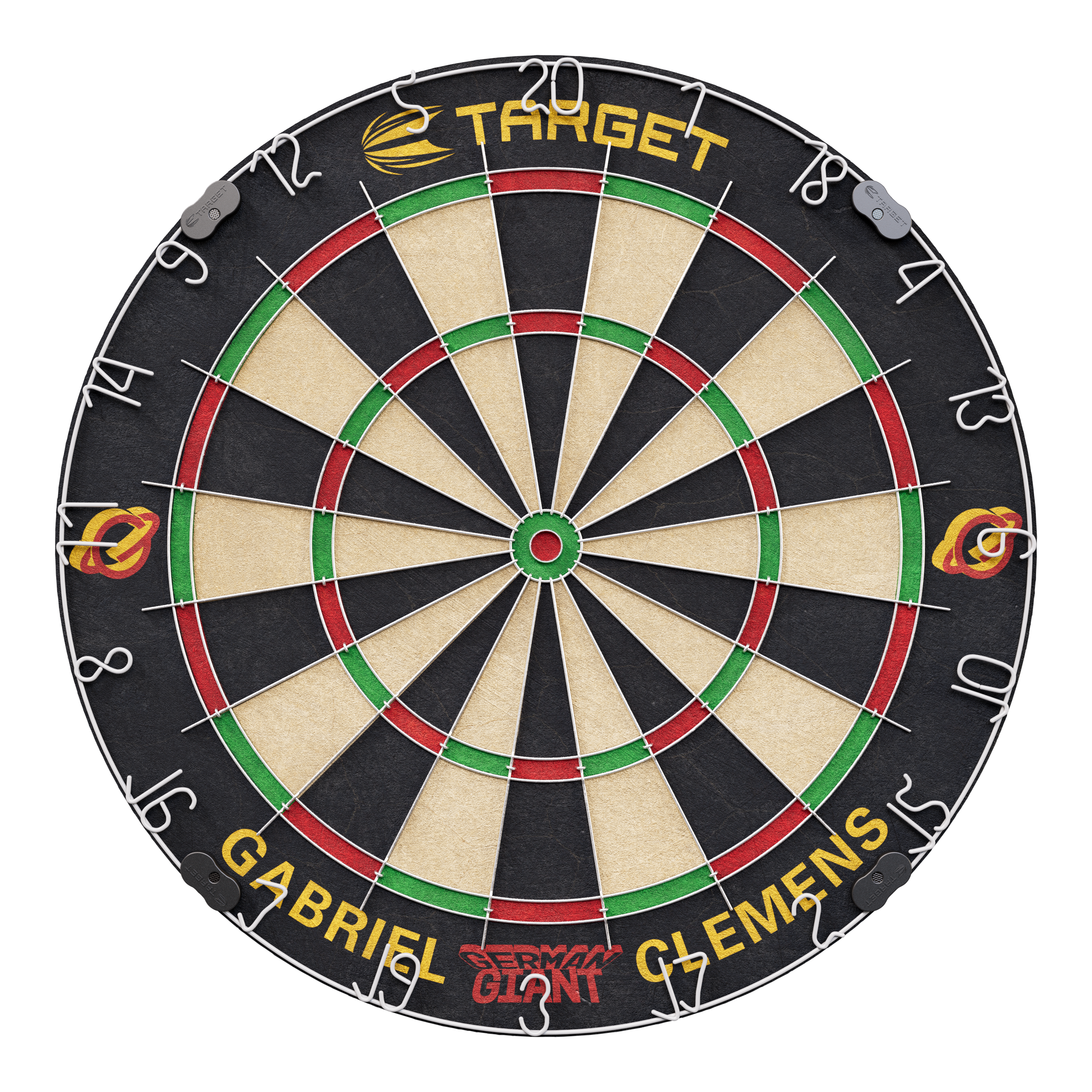 Set di bersagli per freccette in acciaio Target Gabriel Clemens Dies ist eine Steeldartscheibe mit dem Namen "Target Gabriel Clemens Steeldartboard Set". Auf der unteren Seite sind die Wörter "Gabriel Clemens" und "German Giant" zu sehen.