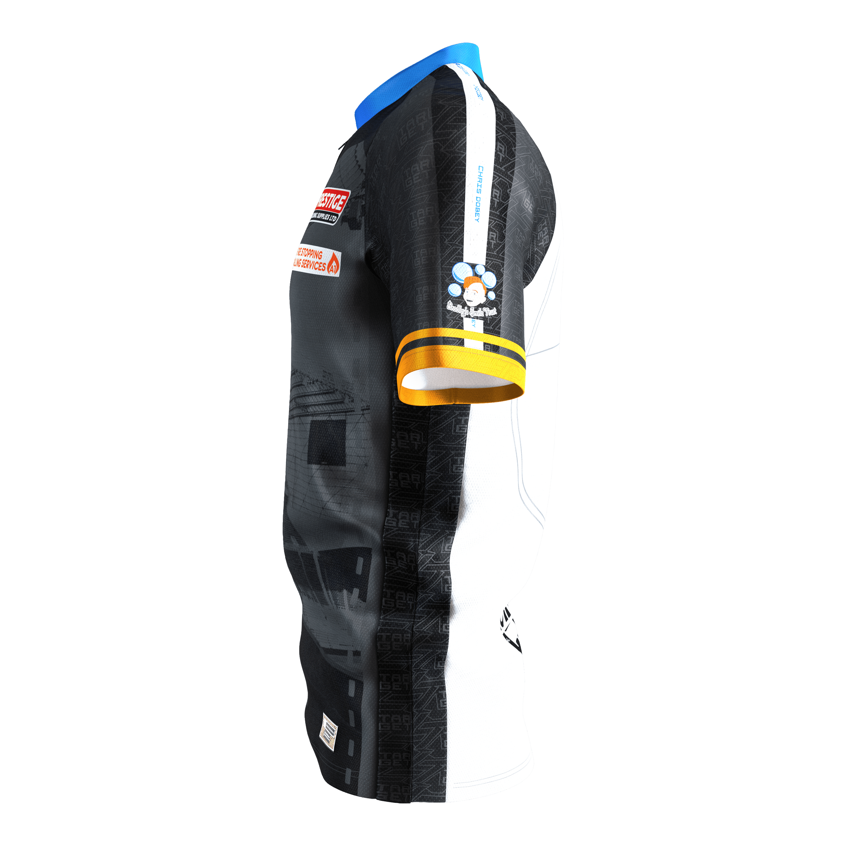 Maglietta da freccette Target Coolplay Chris Dobey 2025 Das Bild zeigt das "Target Coolplay Chris Dobey 2025 Dartshirt" aus seitlicher Ansicht. Das Shirt hat ein modernes Design mit schwarzen und weißen Bereichen sowie bunten Akzenten und Sponsorenlogos.