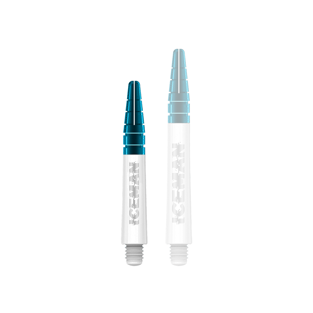 C634_Red_Dragon_Nitrotech_Gerwyn_Price_Shafts_White_36mm_12TYRP2KHfEavg Das Bild zeigt zwei weiße Dartschäfte mit blauen Spitzen. Auf den Schäften steht das Wort "ICEMAN" in großen Buchstaben.